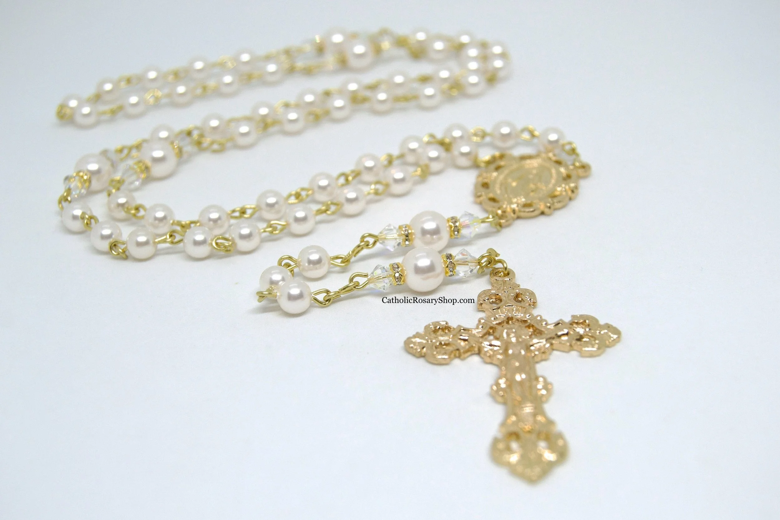 White Pearl Rosaries embellished with Swarovski® Crystal Beads | Gold-Toned Rosaries for Weddings and Quinceaneras | Rosaries for Women and Girls | CatholicRosaryShop.com
