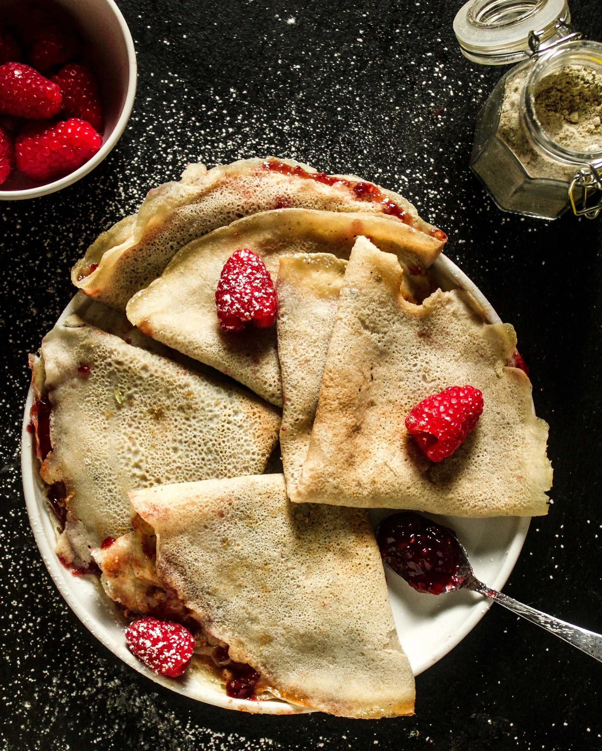 Almond butter-jelly cardamom crepes