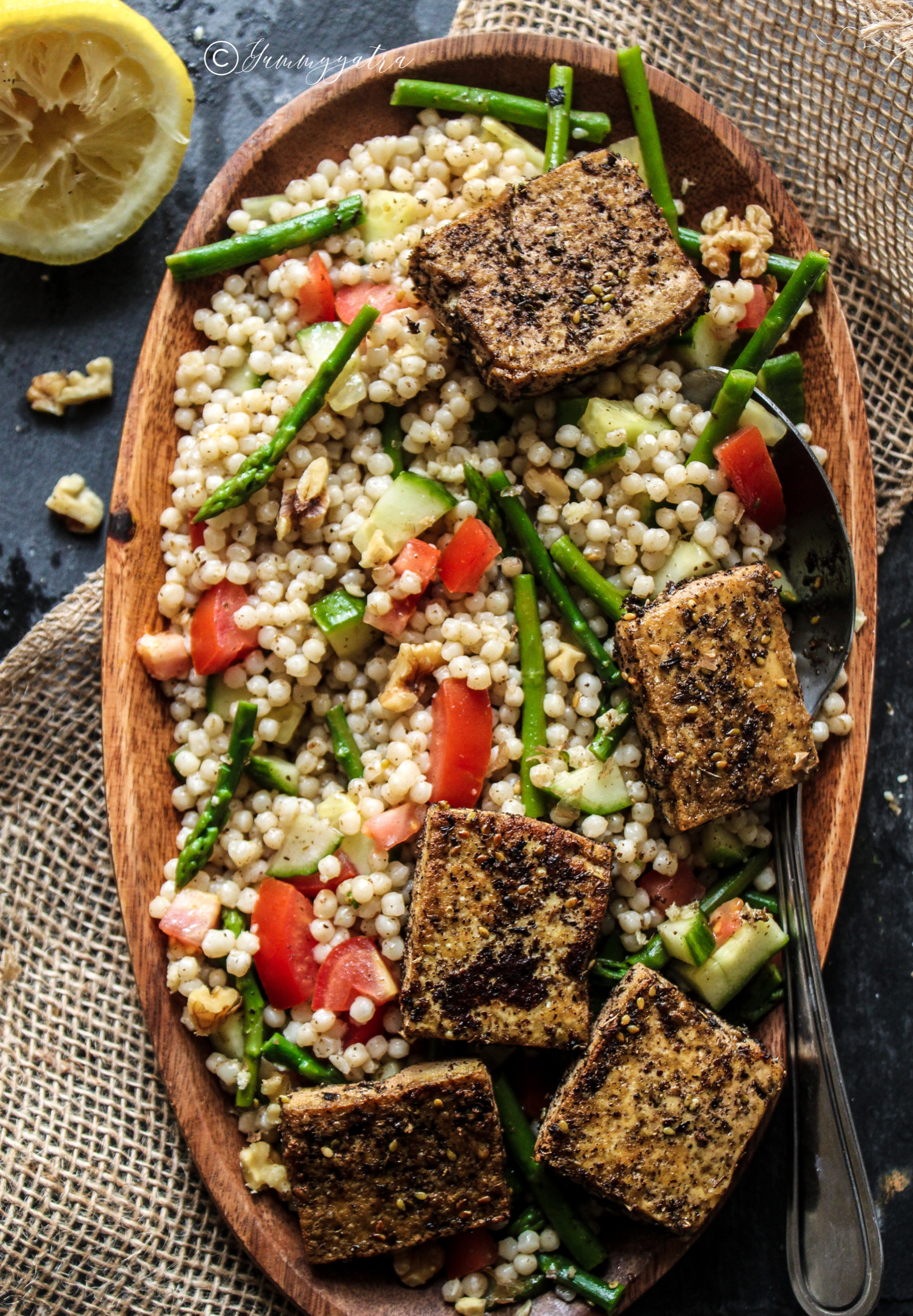 Couscous with dill-lemon dressing and zaatar-crusted tofu
