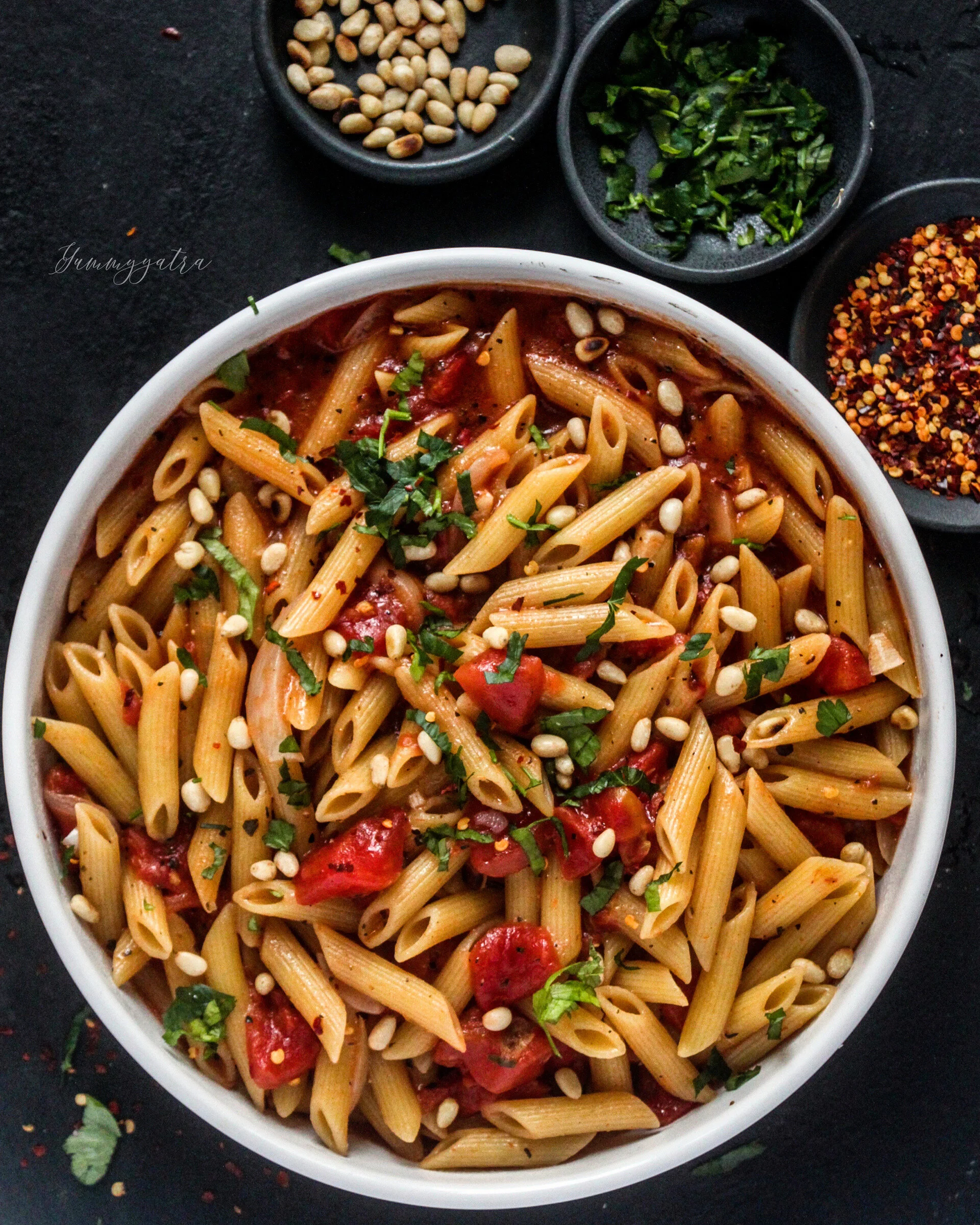 One-pot penne with pine nuts
