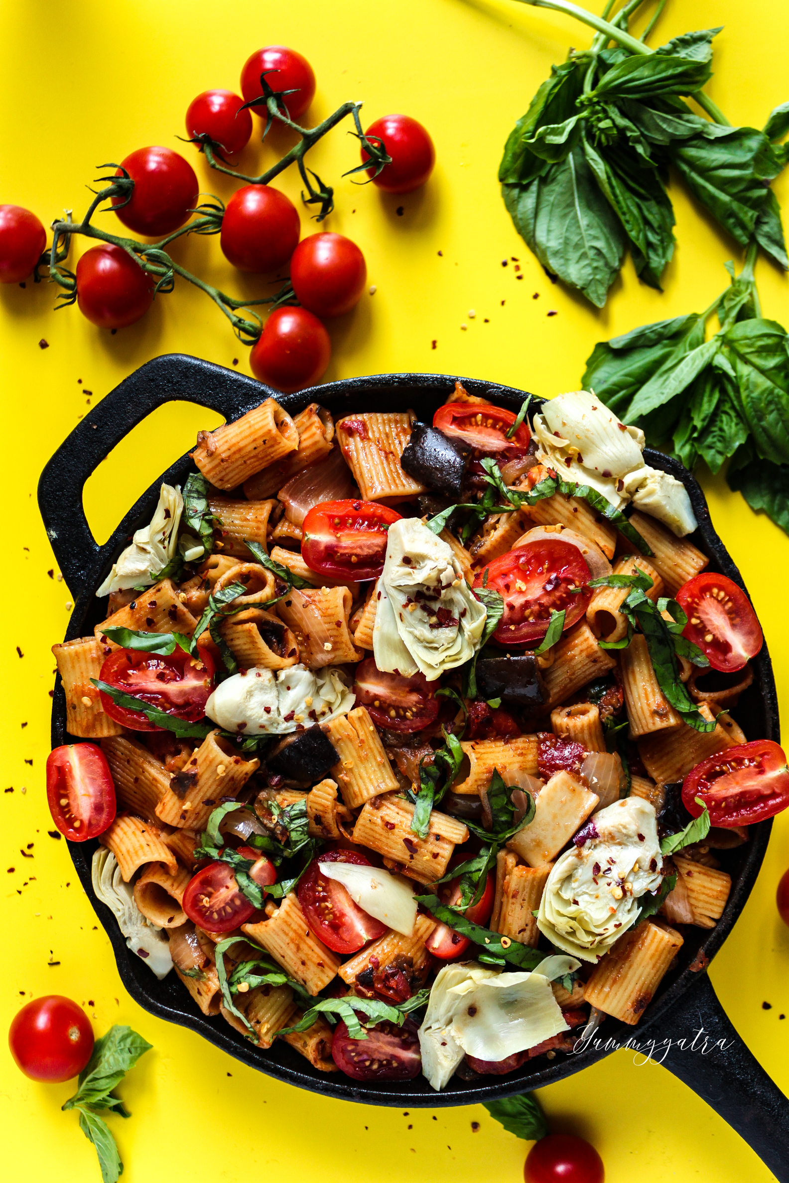 Pasta with Roasted Eggplant and Artichokes