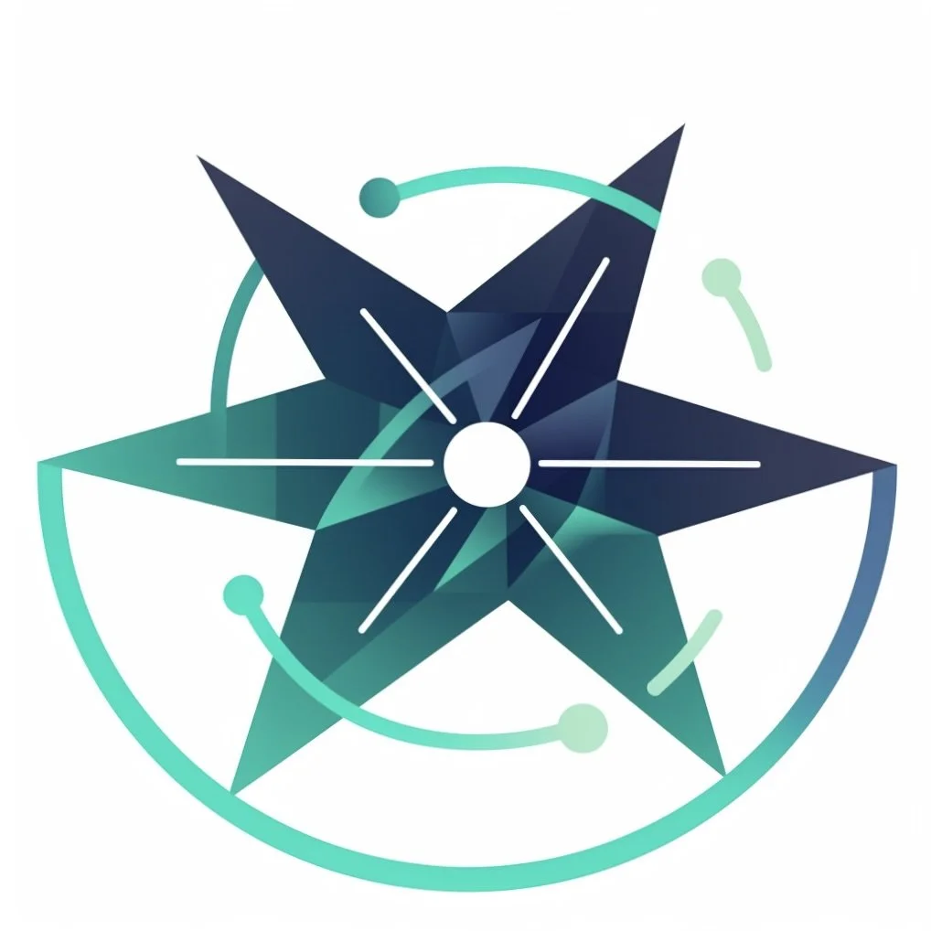 A stylized, geometric illustration of a five-pointed star with circular accents and orbit-like lines around it, in shades of blue and green.