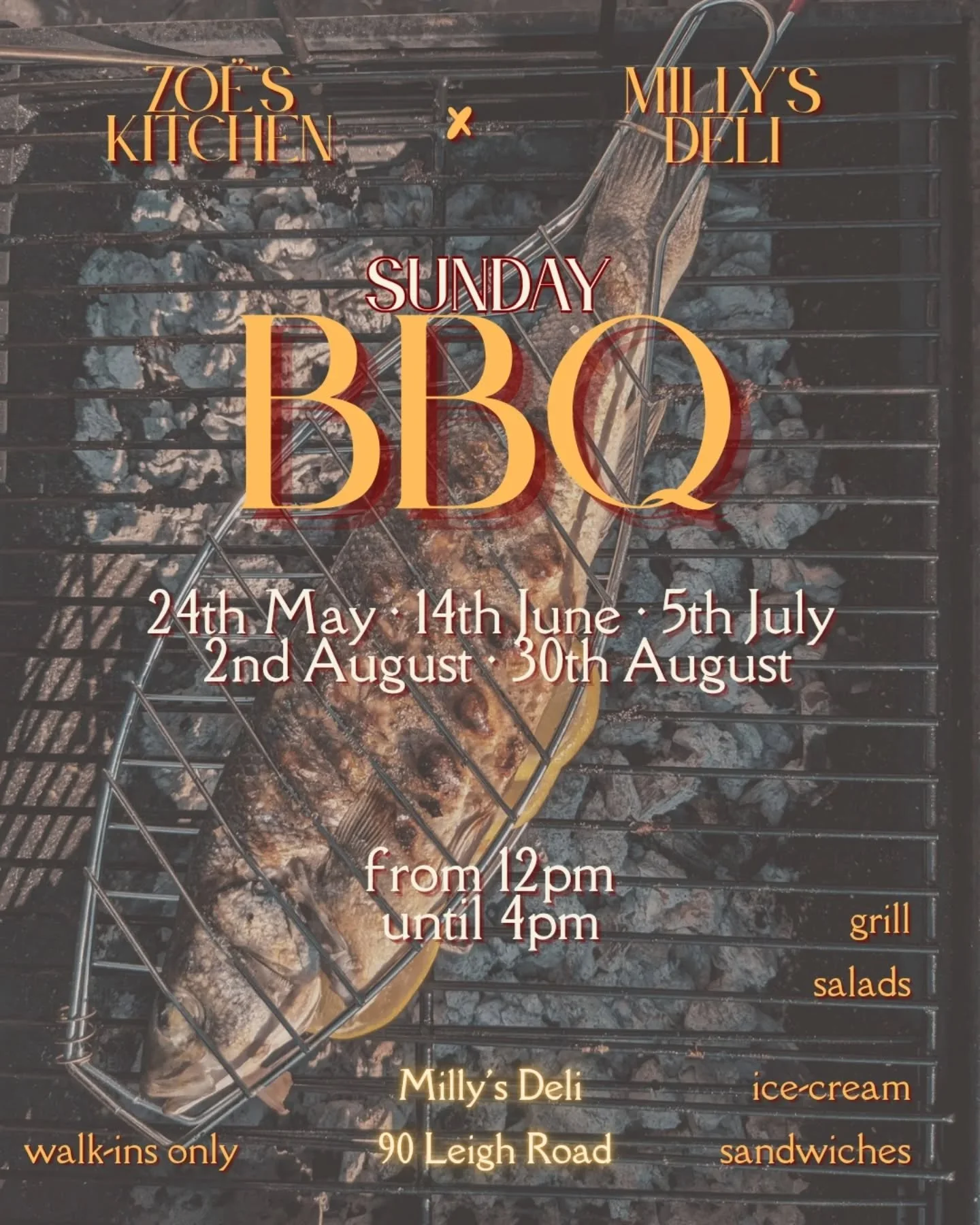 SUNDAY BBQ 🔥 Zoe's Kitchen X Milly's Deli 🍻
We are absolutely BUZZIN' to be back in the garden at @millysdelicafe this Summer for a series of BBQ events! 
✴️24th May
✴️14th June
✴️5th July
✴️2nd August
✴️30th August 
The gang at Milly's will be pou