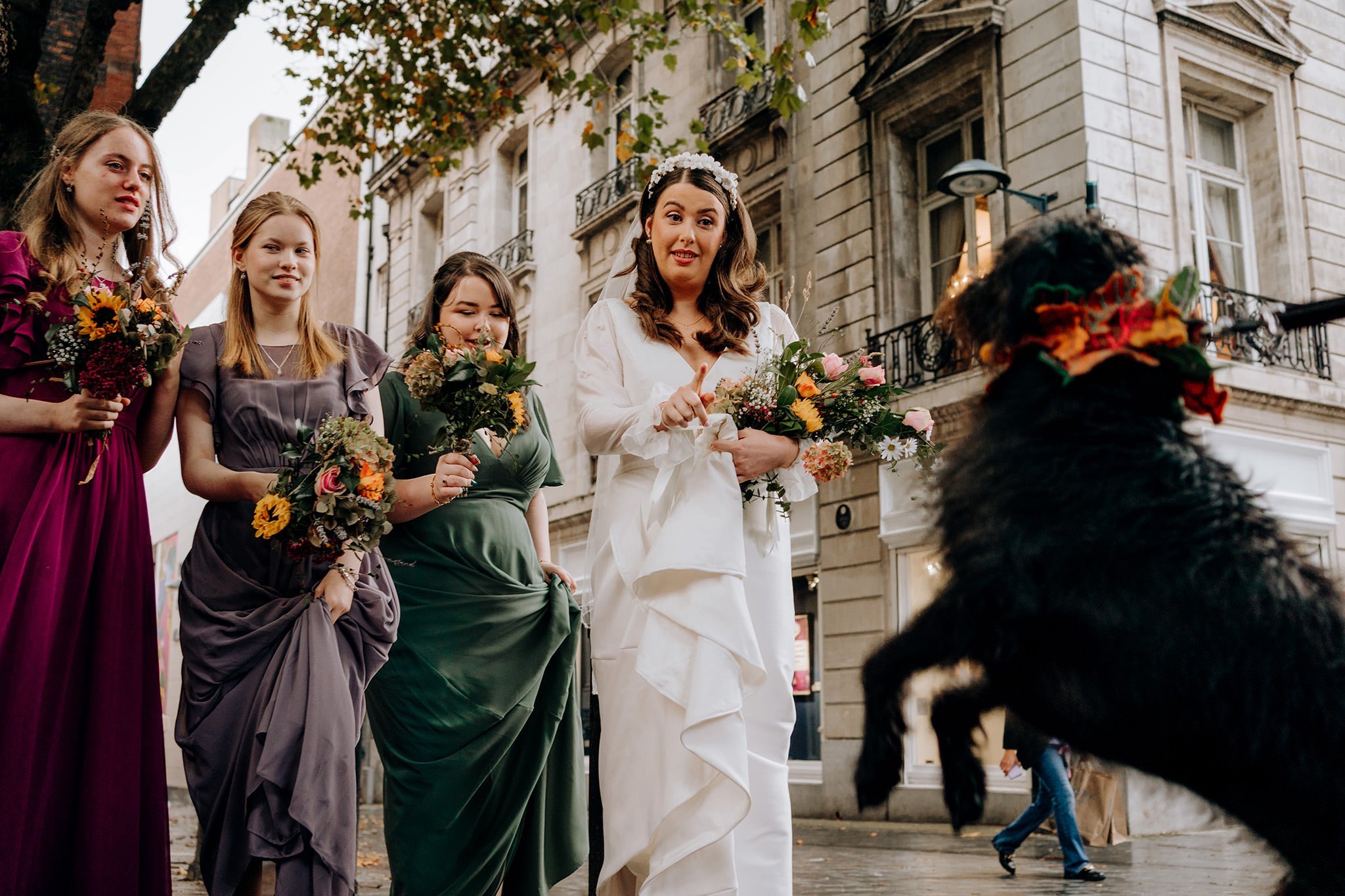 Bride warning her dog not to jump on her, Bluecoat, Liverpool