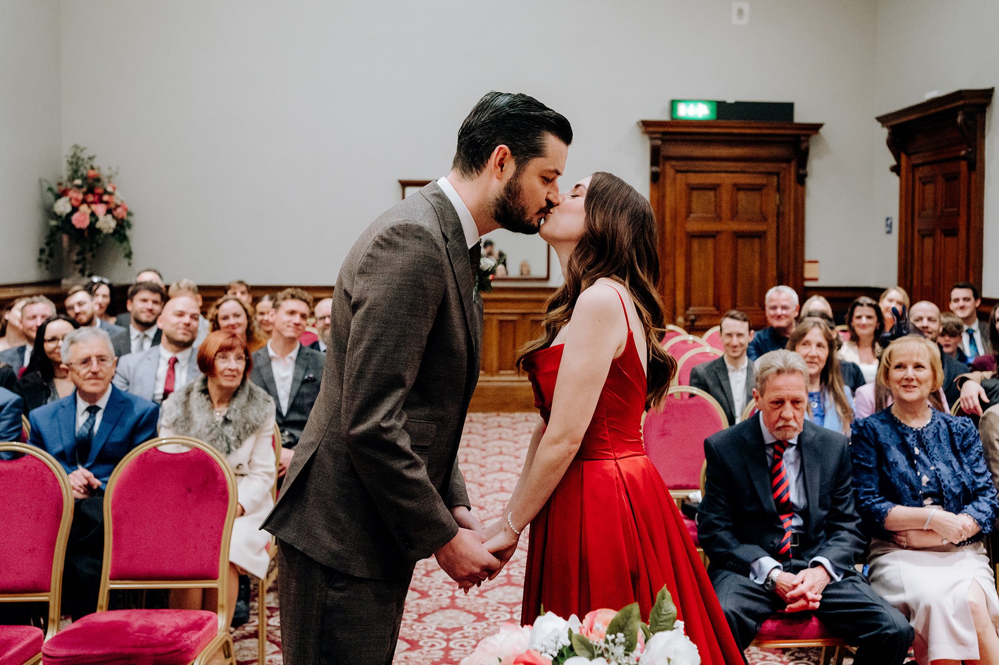 Bride and groom first kiss at St George's Hall Liverpool