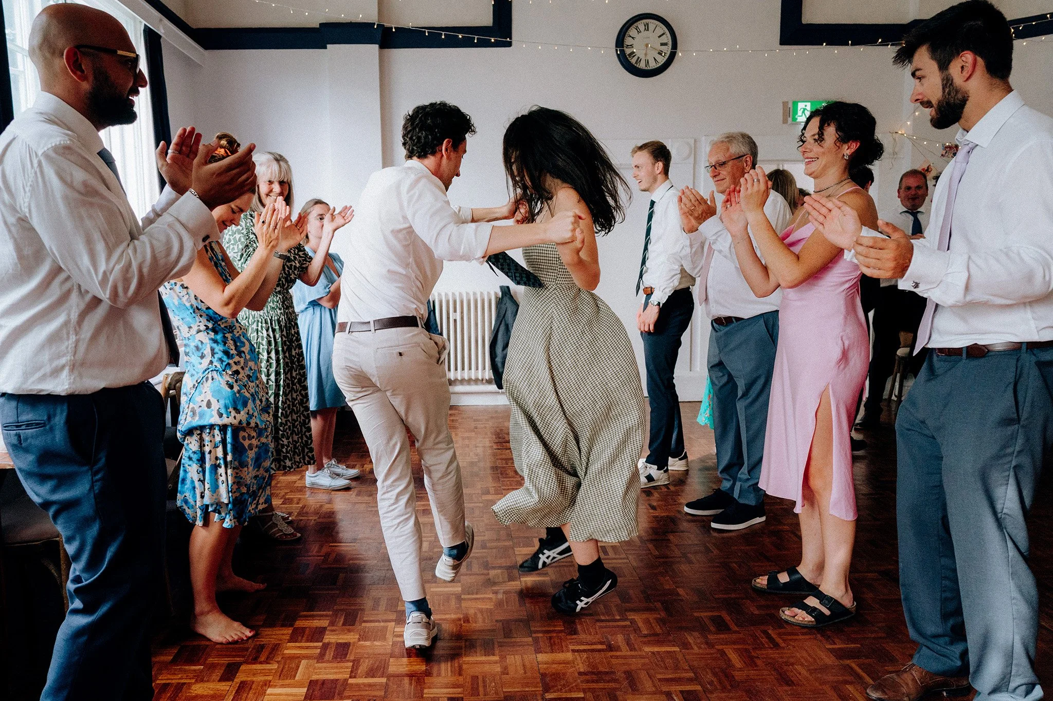 ceilidh fun at a village hall wedding 