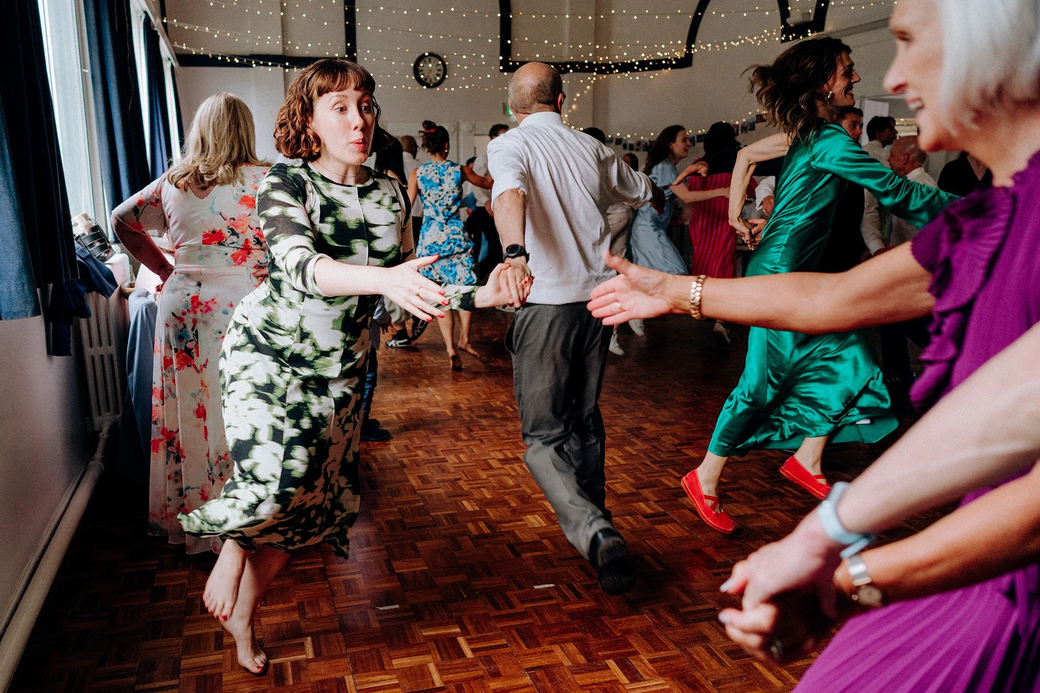 ceilidh fun at a village hall wedding 