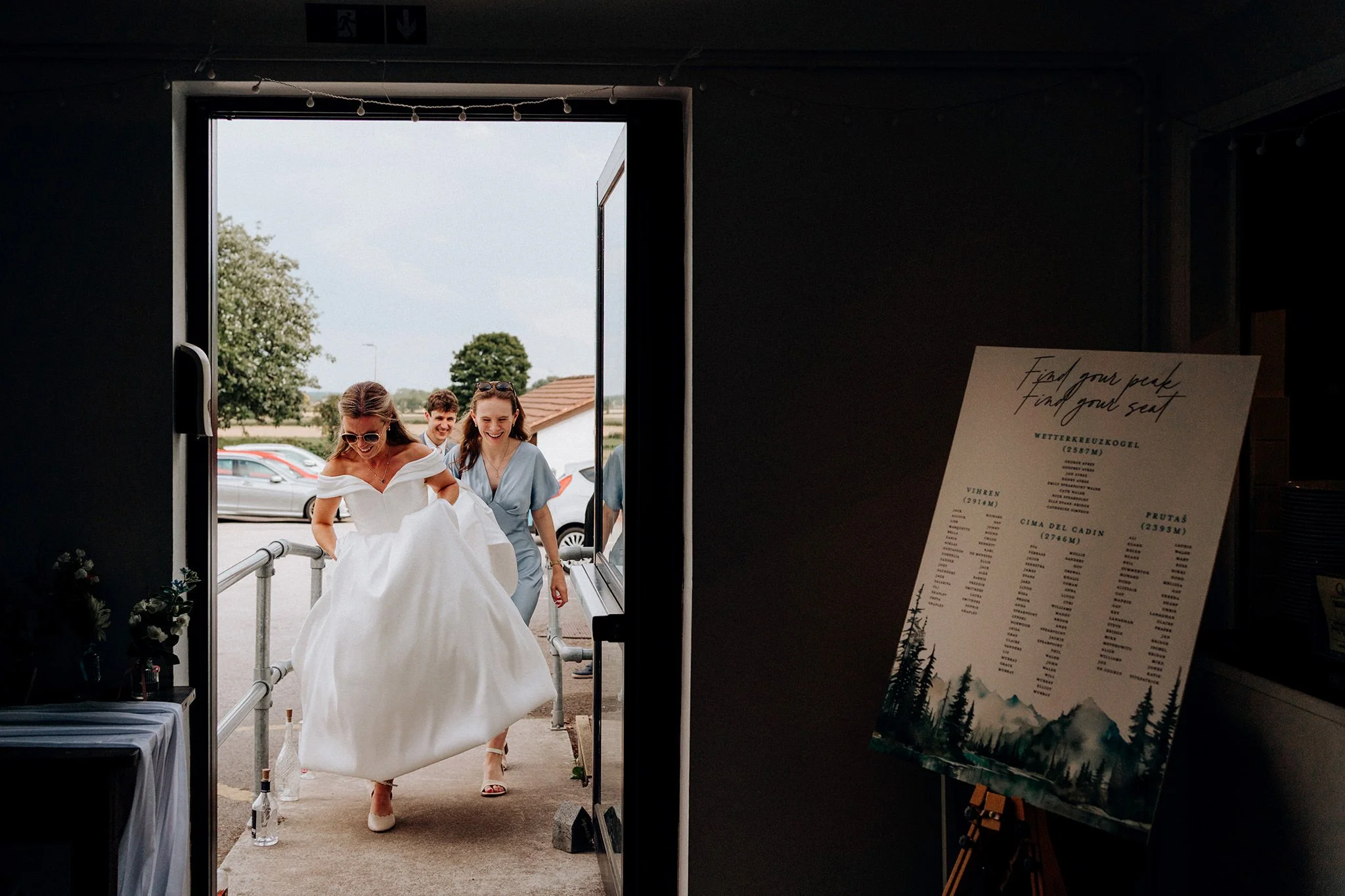 bride walking at gladstone village hall