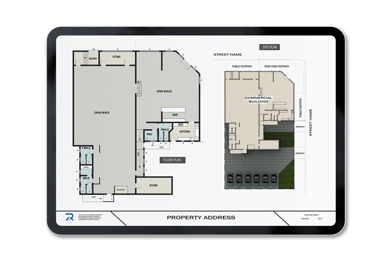 A Realty Plans commercial Marketing Floor and Site Plan displayed on iPad