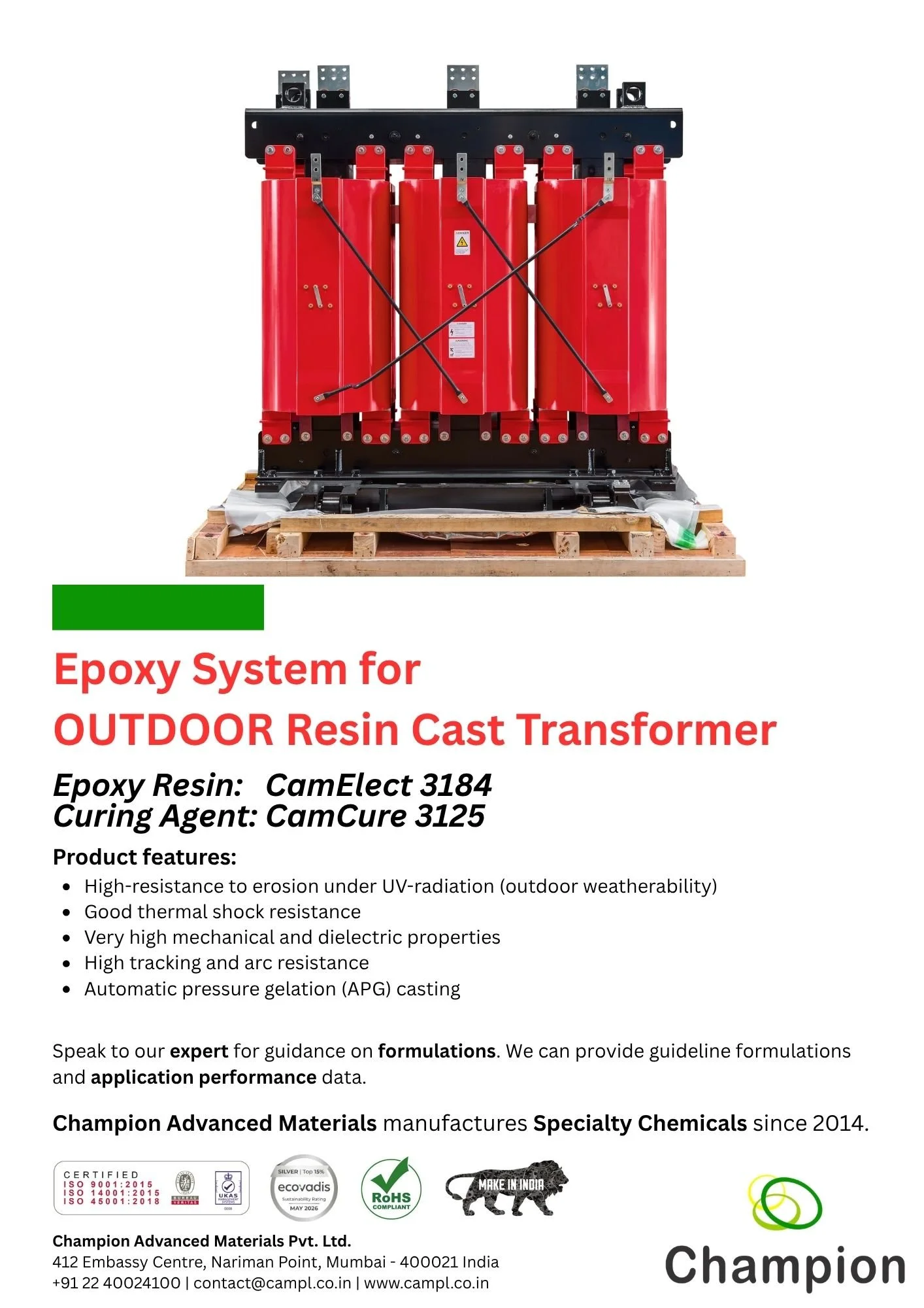 Image of an outdoor resin cast transformer with a red epoxy system, manufactured by Champion Advanced Materials, on a wooden pallet.