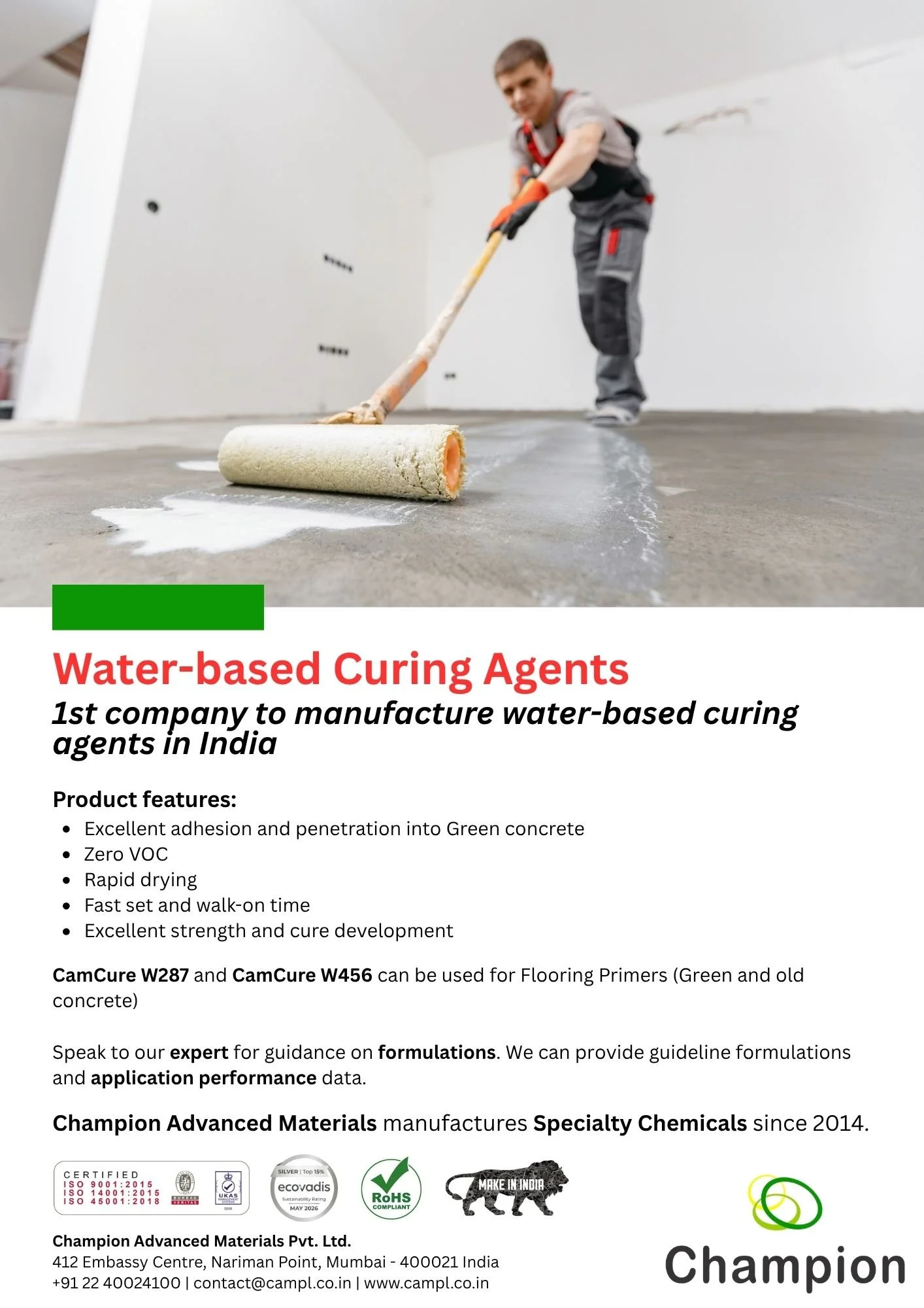 A floor roller on a concrete surface in the process of being coated with a water-based curing agent.