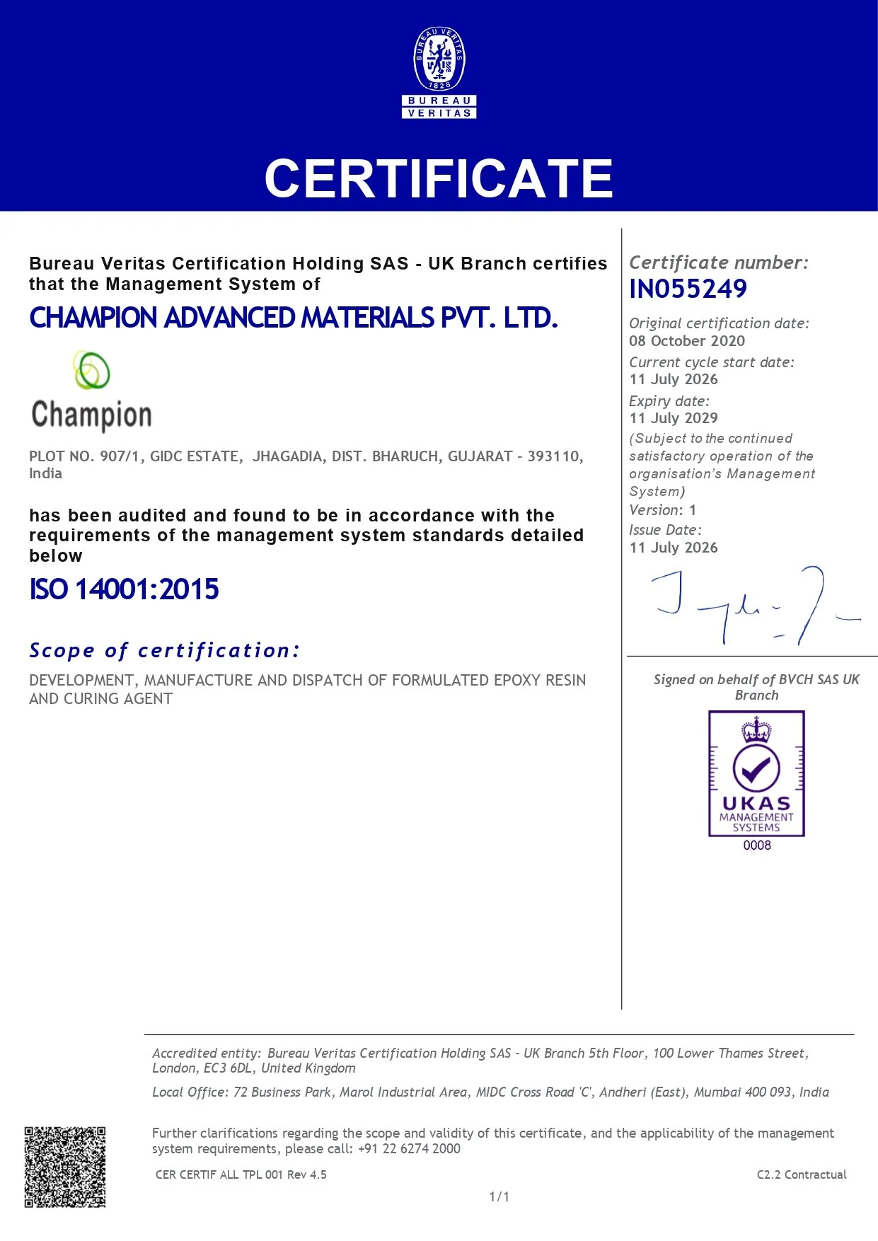 ISO certification document for Champion Advanced Materials Pvt. Ltd. issued by Bureau Veritas, stating adherence to ISO 14001:2015 and ISO 45001:2018 standards, with official signatures, dates, and a certification logo.