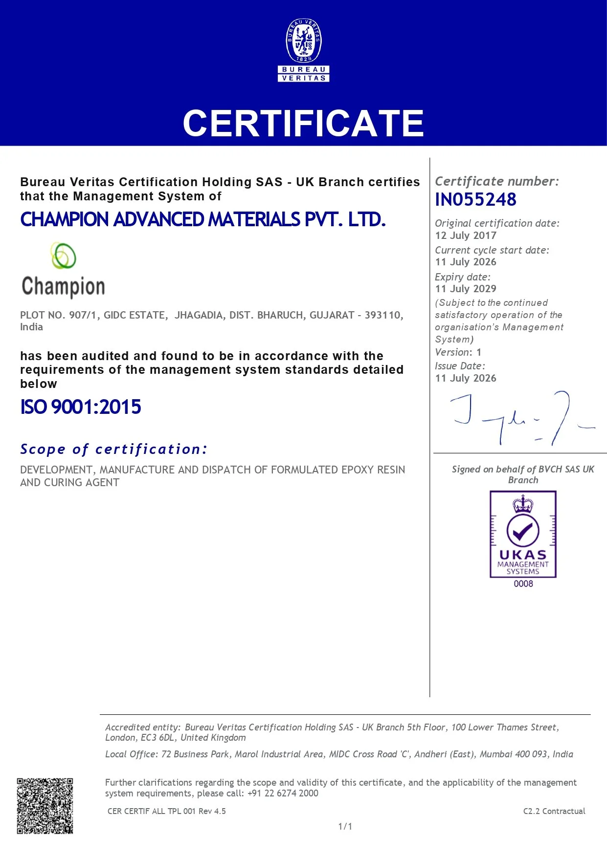 ISO 9001:2015 certification document issued to Champion Advanced Materials Pvt. Ltd., located in Gujarat, India, certified by Bureau Veritas, with signatures, dates, and official stamps.