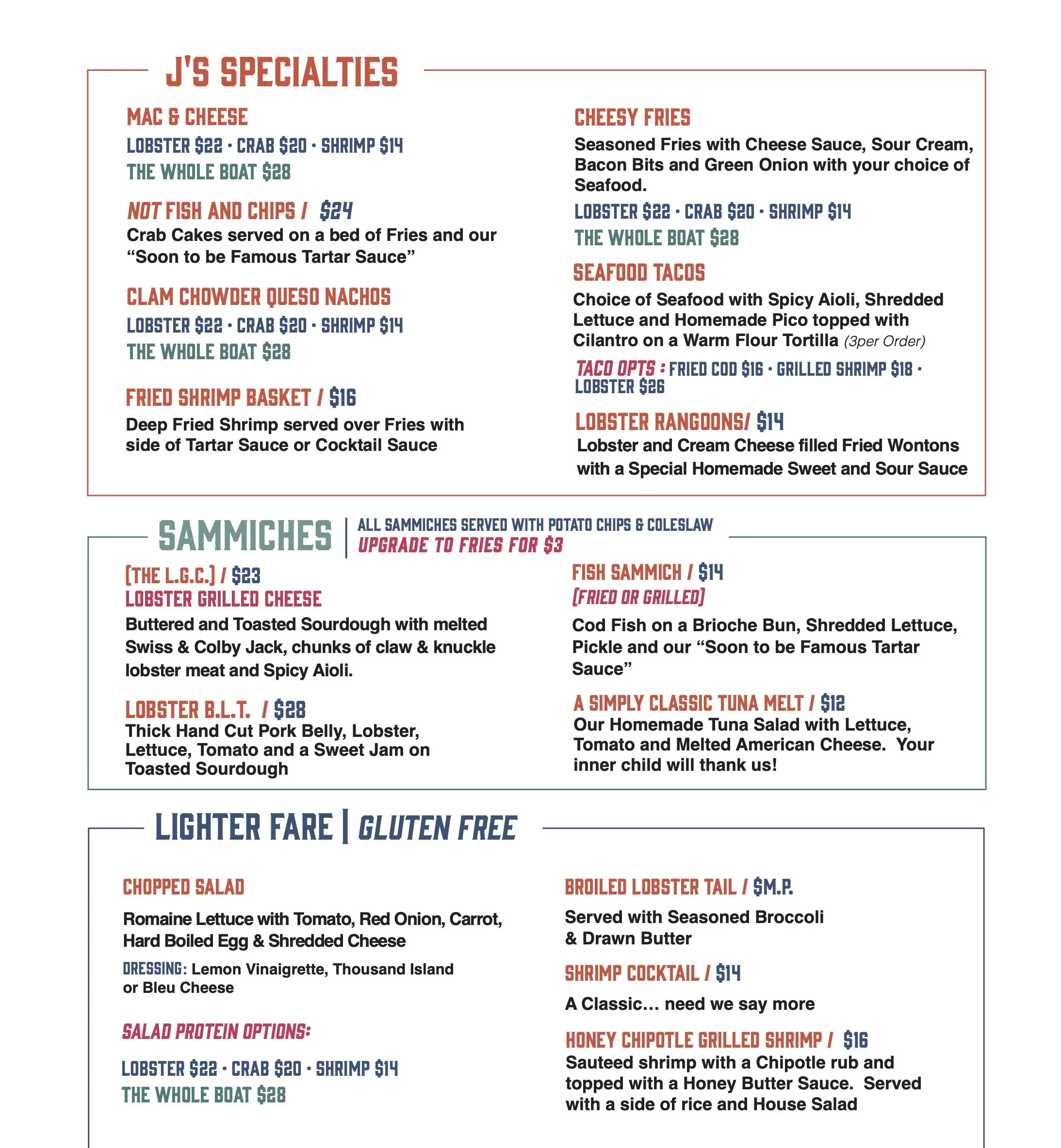 Menu — J's Lobster