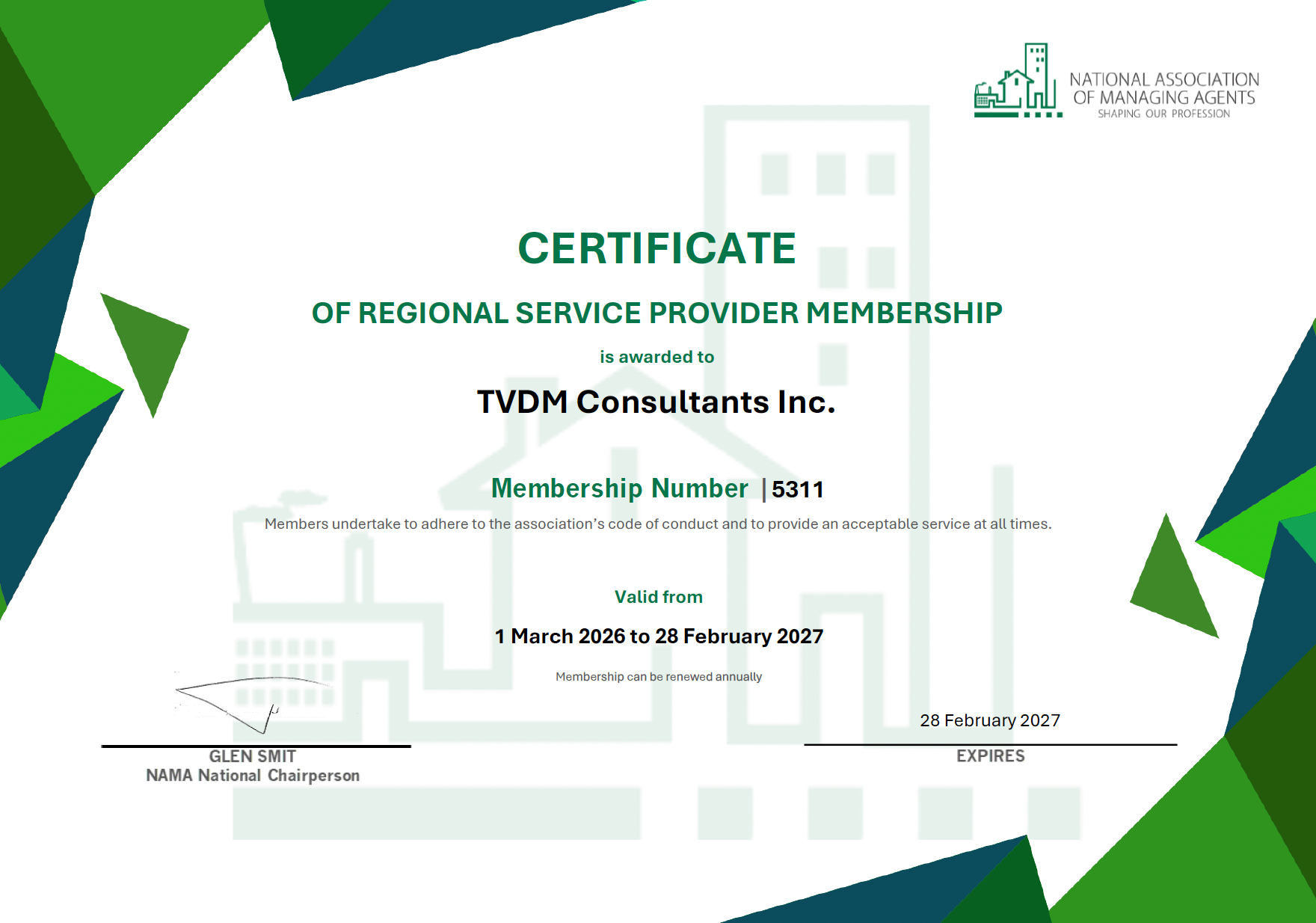 TVDM Consultants NAMA Certificate