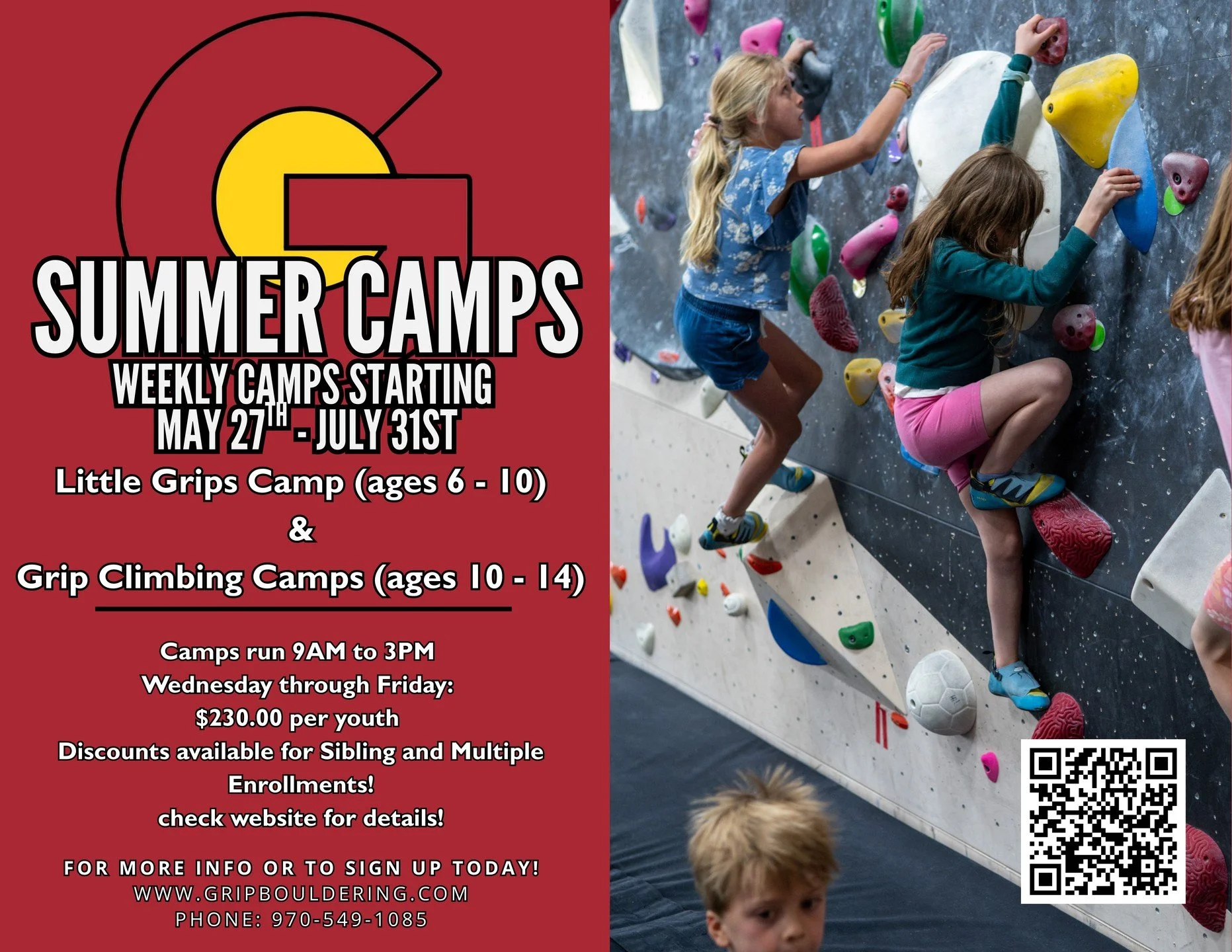 Summer energy just leveled up. ☀️🧗&zwj;♀️
Grip Summer Camps are back and we&rsquo;re turning tiny humans into confident crushers all season long.
🗓 Weekly camps | May 27 &ndash; July 31
👶 Little Grips (ages 6&ndash;10)
🧗 Grip Climbing Camps (ages