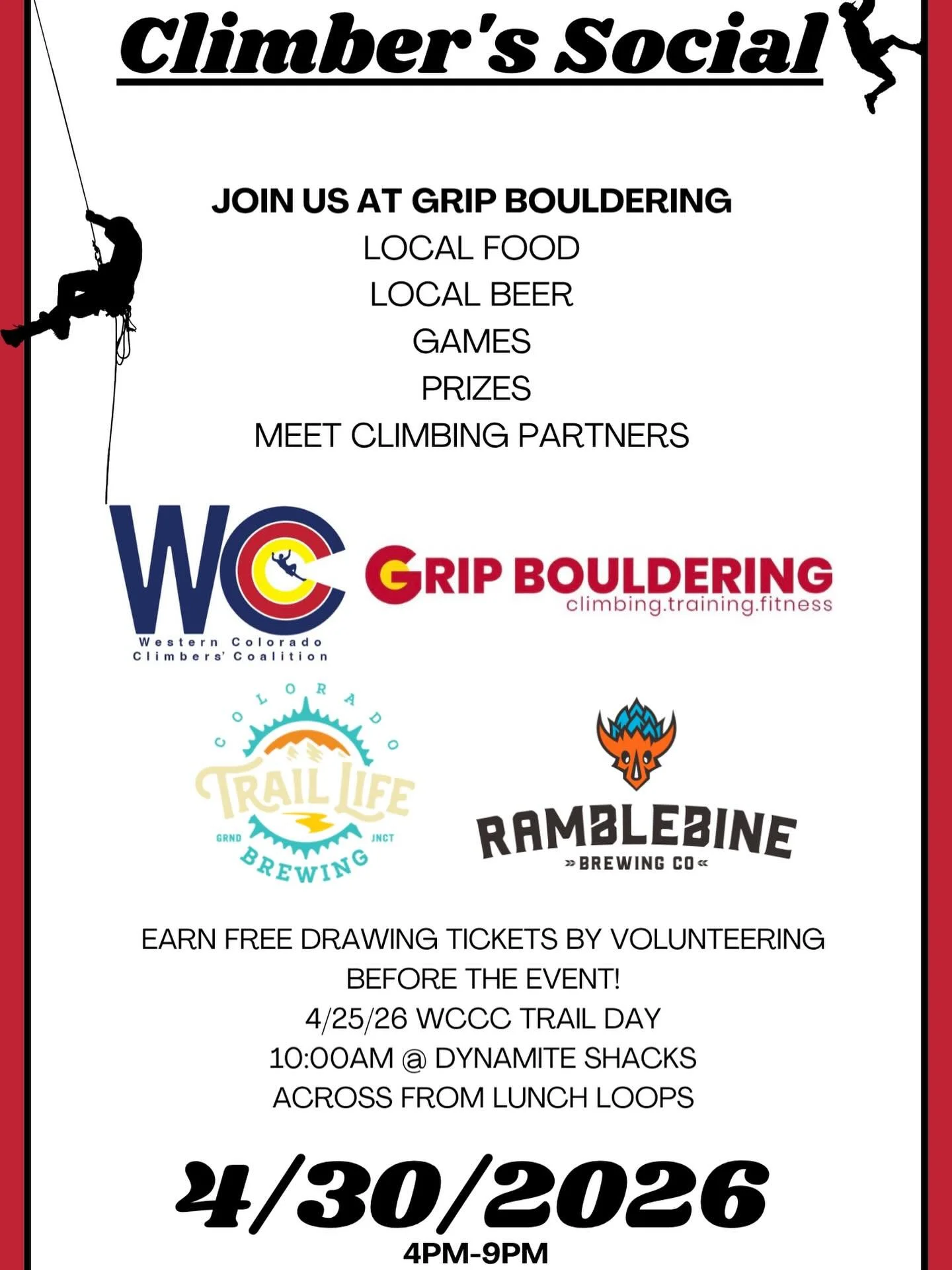 🔥 CLIMBER&rsquo;S SOCIAL @ GRIP 🔥
April 30 | 4&ndash;9PM

Pull up. Meet your people. Climb, hang, repeat.

The gym turns into a social hub April 30th. Chalk in the air, cold beer in hand (after climbing), and an amazing community.

Whether you&rsqu