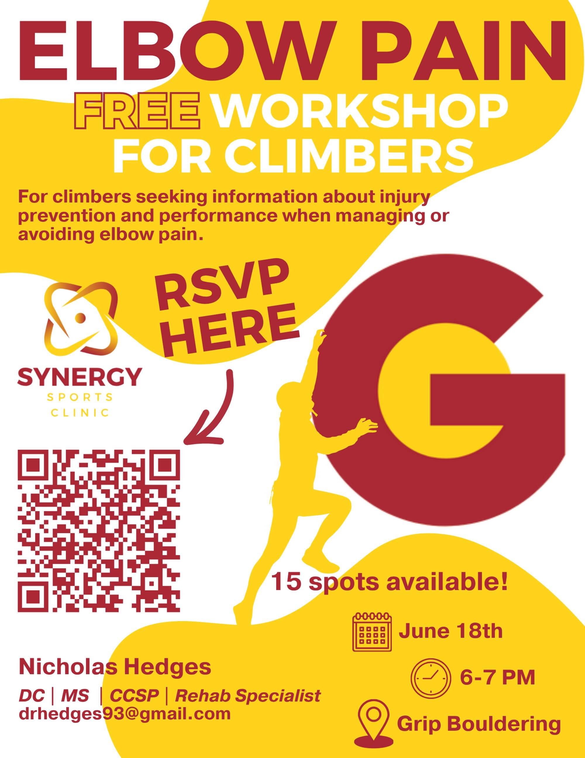 Elbows taking a beating from too many lock-offs, gastons, and &ldquo;one more burn&rdquo;? 🧗&zwj;♂️⚡️

We&rsquo;re teaming up with  Synergy Sports Clinic￼ for a free workshop focused on elbow pain in climbers. Whether you&rsquo;re trying to rehab an