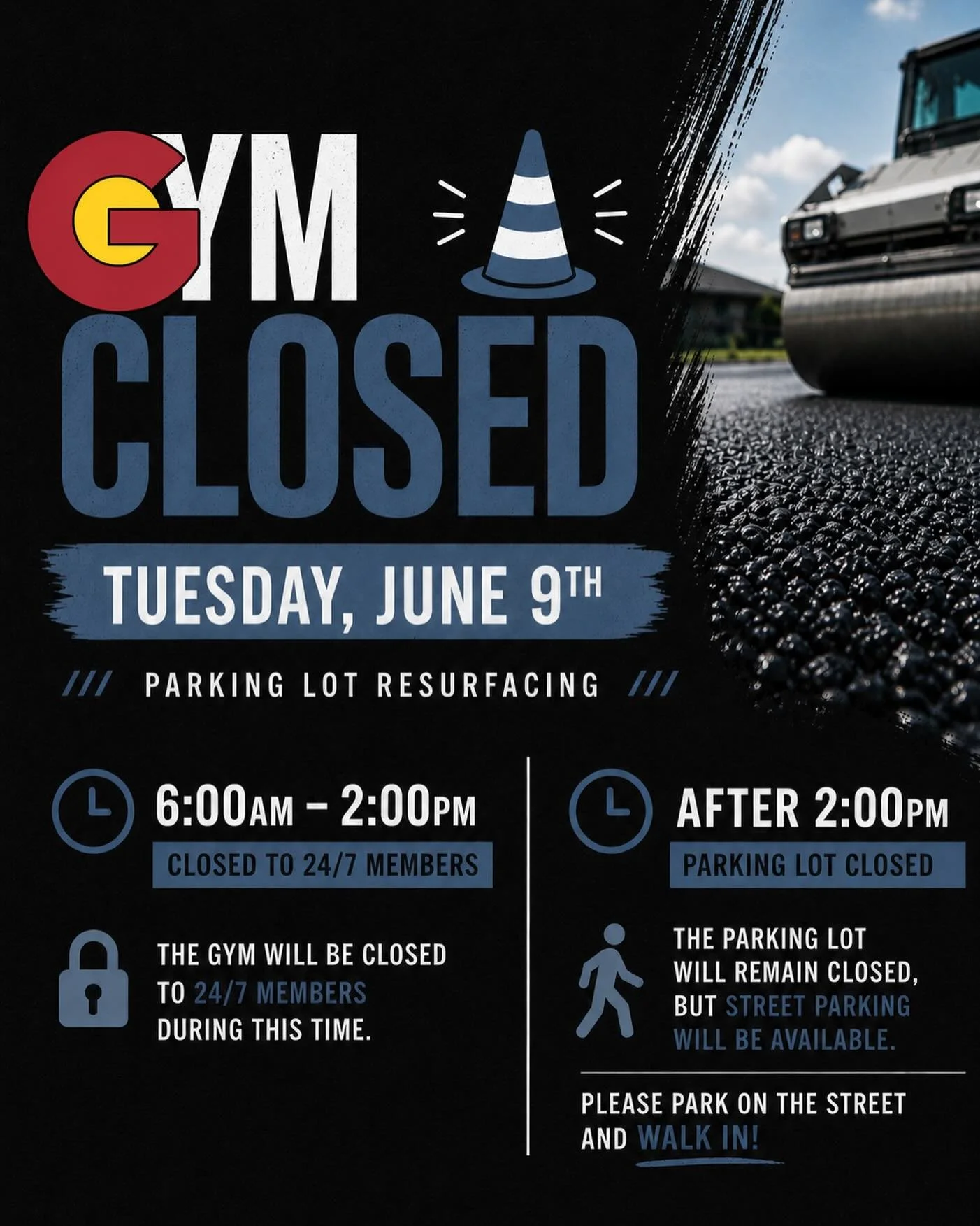 🚧 Heads up Grip community 🚧

Third times the charm? 

On Tuesday, June 9th, parking lot access will be affected due to parking lot resurfacing.

&bull; 6:00 AM &ndash; 2:00 PM
The gym will be CLOSED to 24/7 members.

&bull; After 2:00 PM
The gym wi