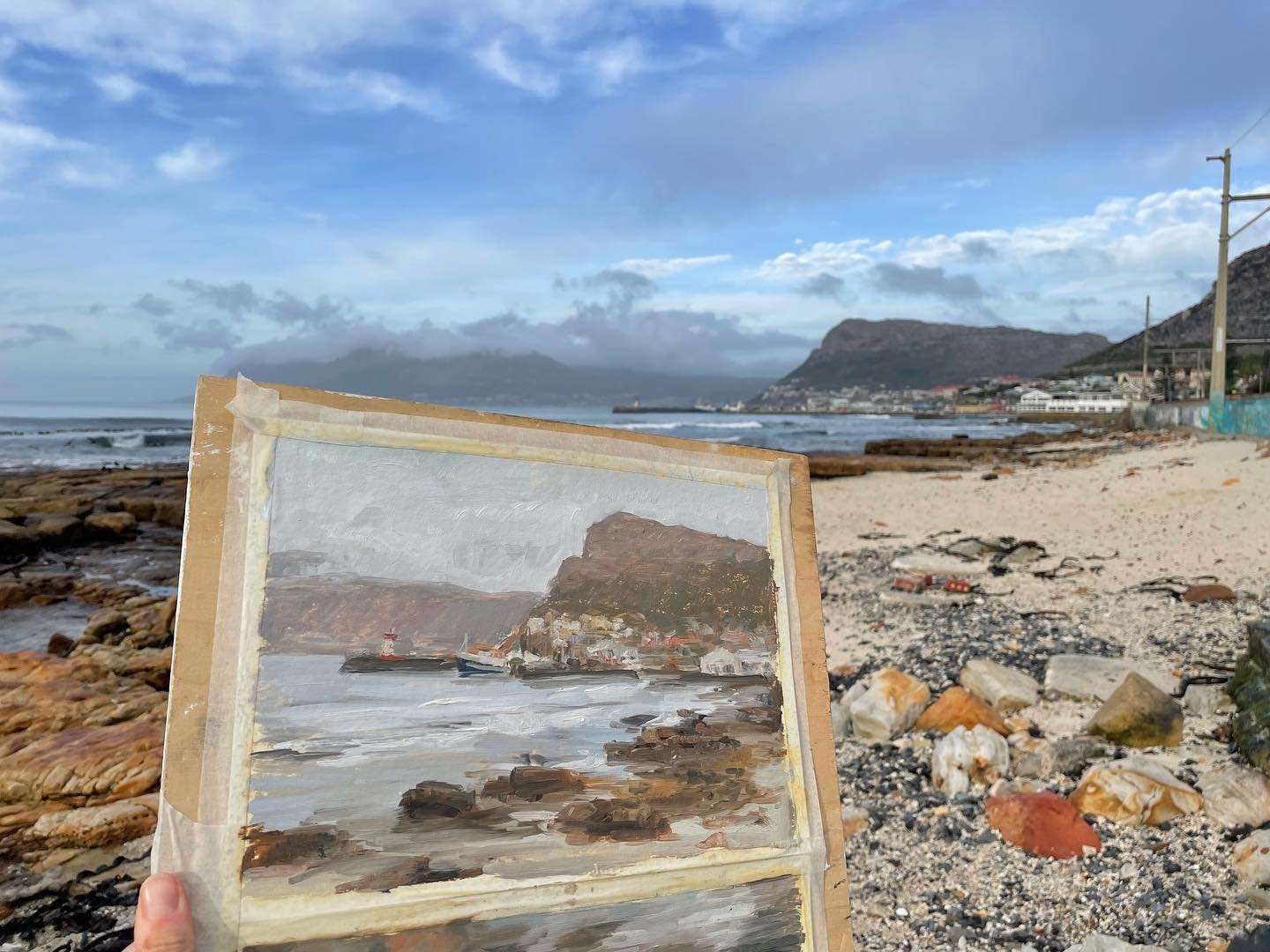 Le Papier getting me to paint scenes I don&rsquo;t normally&hellip; the view opposite the rising sun! I decided it was too bright to look into the sun, so Kalk Bay Harbour was it! We are so excited for our @salon104.art exhibition opening next Thursd