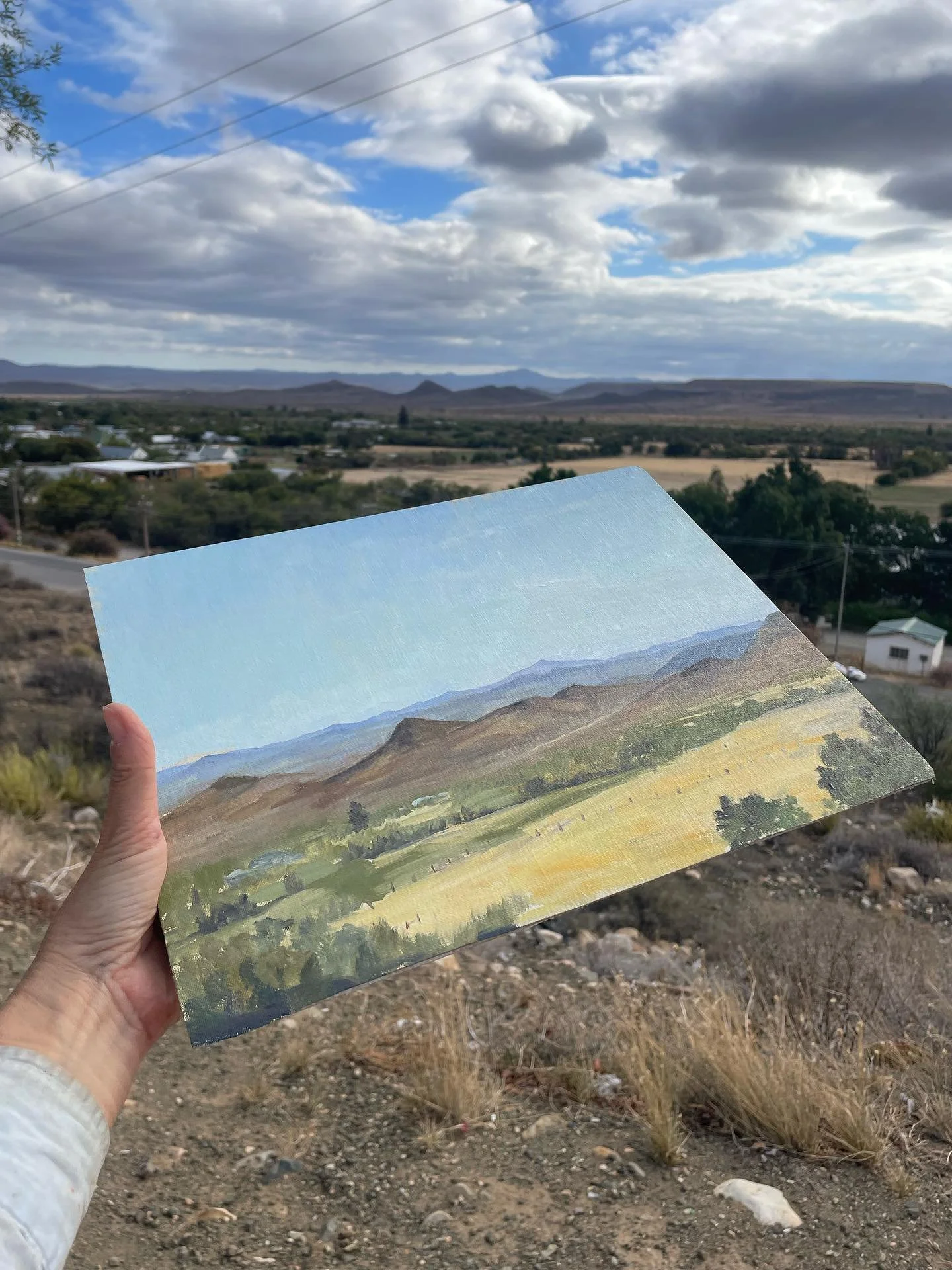 Day 3 in Prince Albert. I didn&rsquo;t have much time, but when I woke up at 6am I knew I had to paint&hellip; When it gets you, it gets you&hellip; 

The dust clouds rising above the road&hellip; The metallic blues and purples of the mountains&helli