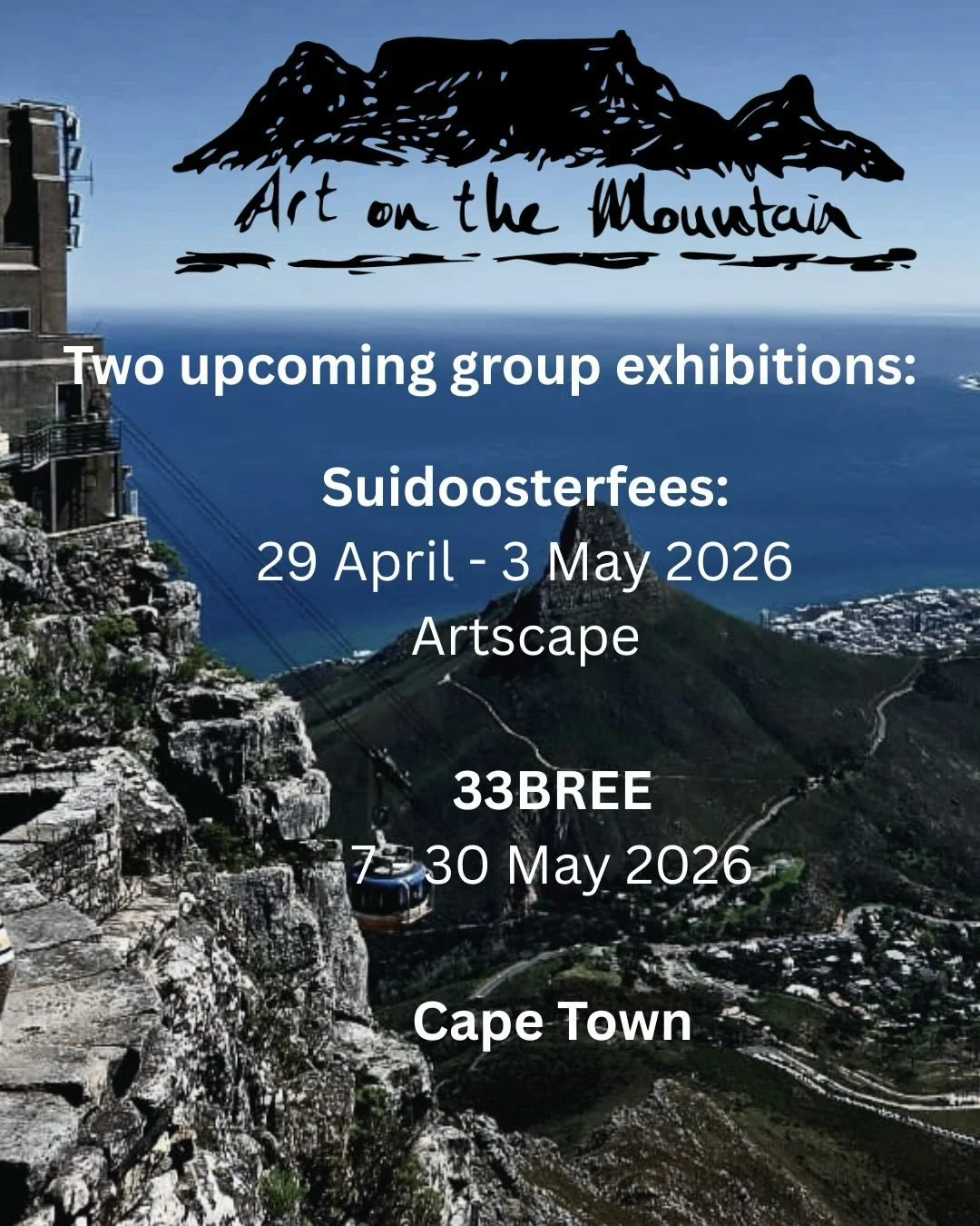 I am excited to be part of the continuation of Art on the Mountain through two wonderful exhibitions!

&bull; Suidoosterfees | 29 April &ndash; 3 May | Artscape
&bull; 33BREE (In collaboration with The Artists Gallery) | Cape Town CBD | 7 to 30 May 2
