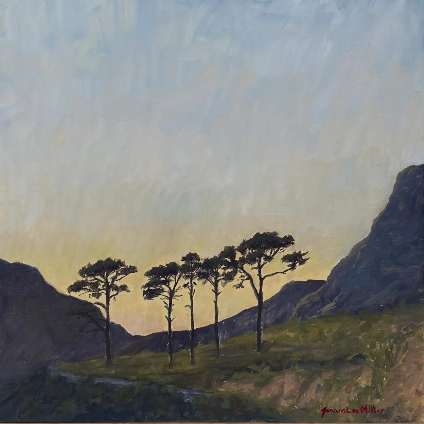 The third painting I created for @noordhoekartpoint &lsquo;s Out the Box &ldquo;Threads from Home&rdquo; exhibition. I loved being on the slopes of Table Mountain for sunrise. The silhouettes of the pine trees grabbed me and I went for it! 

Stone Pi
