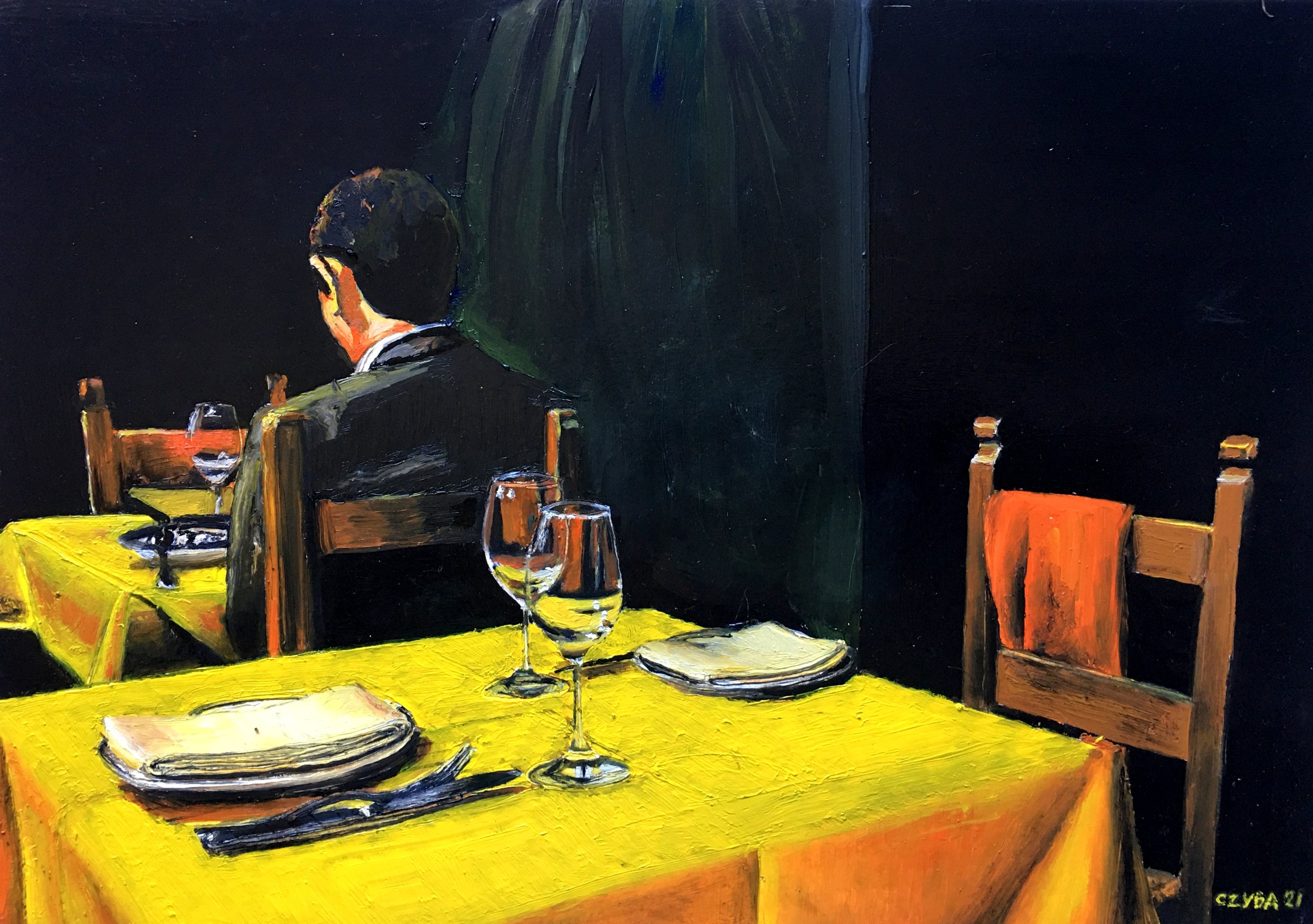 "LE DÎNER". Huile sur toile 35x55 cm. 2021.
