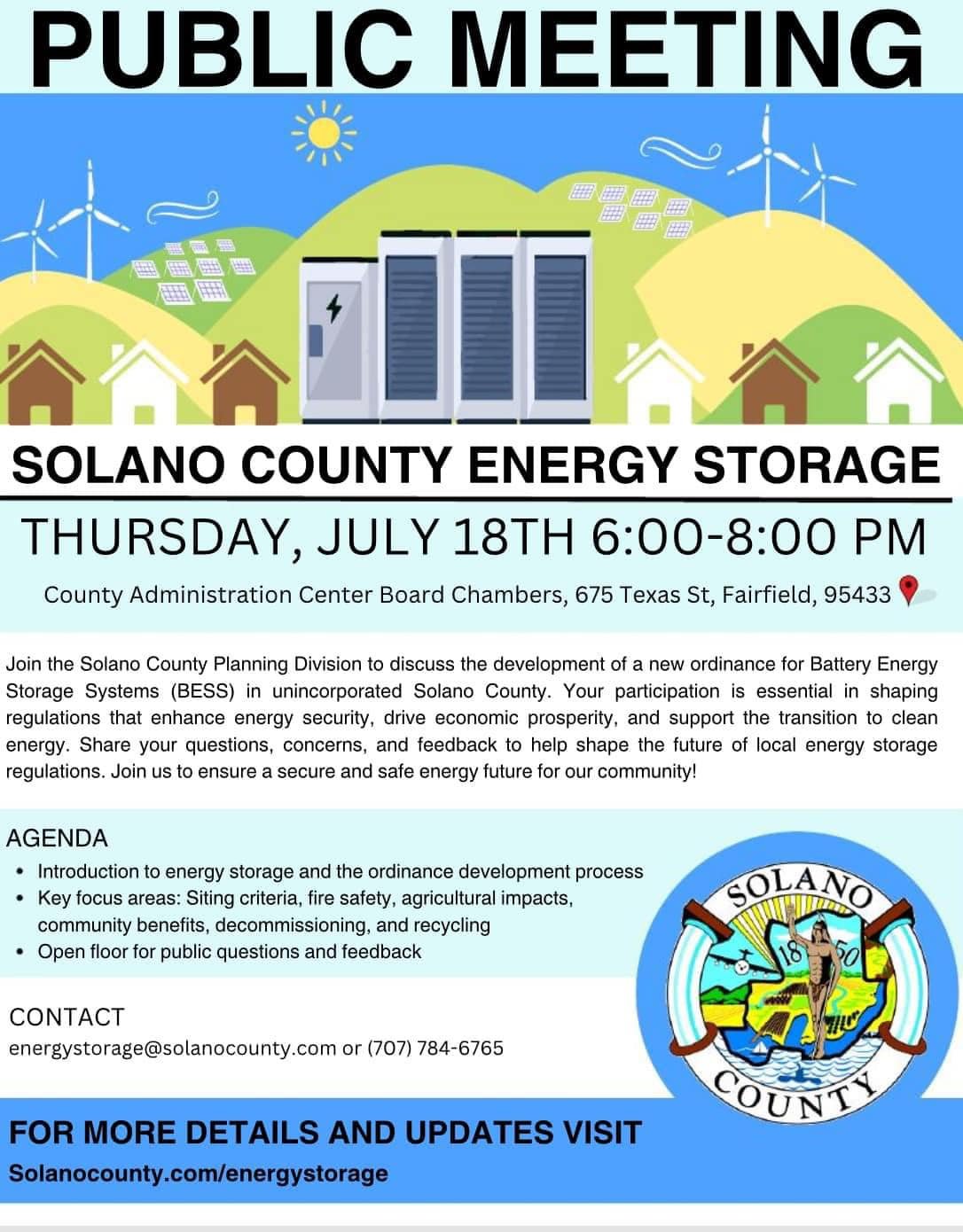 🚨 Attention Solano County Residents! 🚨 

Next week Solano County is holding a public meeting to discuss the creation of a county ordinance on Battery Energy Storage Systems (BESS) Facilities. Your input is crucial as decisions made in these areas n