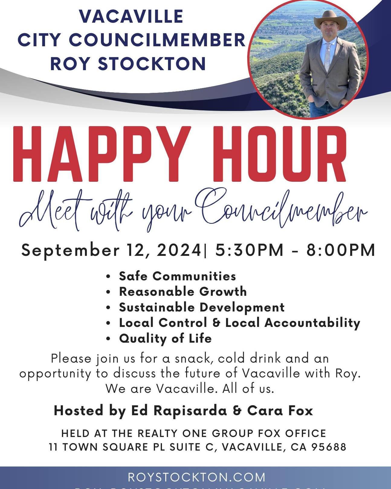 Here's two great reasons to stop by the Town Square tonight. Come listen to some great music by Running with Scissorz AND pop upstairs at Realty One Group Fox office where I am hosting a Happy Hour to discuss the future of Vacaville. I want to hear y