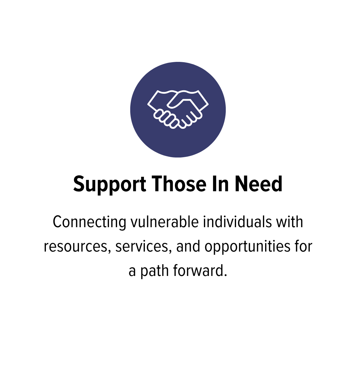 Graphic with handshake icon and text promoting support for vulnerable individuals through connecting resources, services, and opportunities.