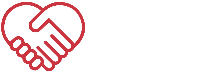 Red outline of two hands shaking with the words 'Community Solutions' in bold white text to the right.