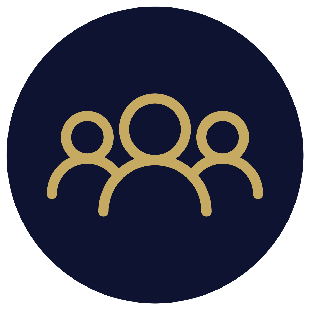 Icon of three stylized people, with one in the front and two behind, on a dark circular background.