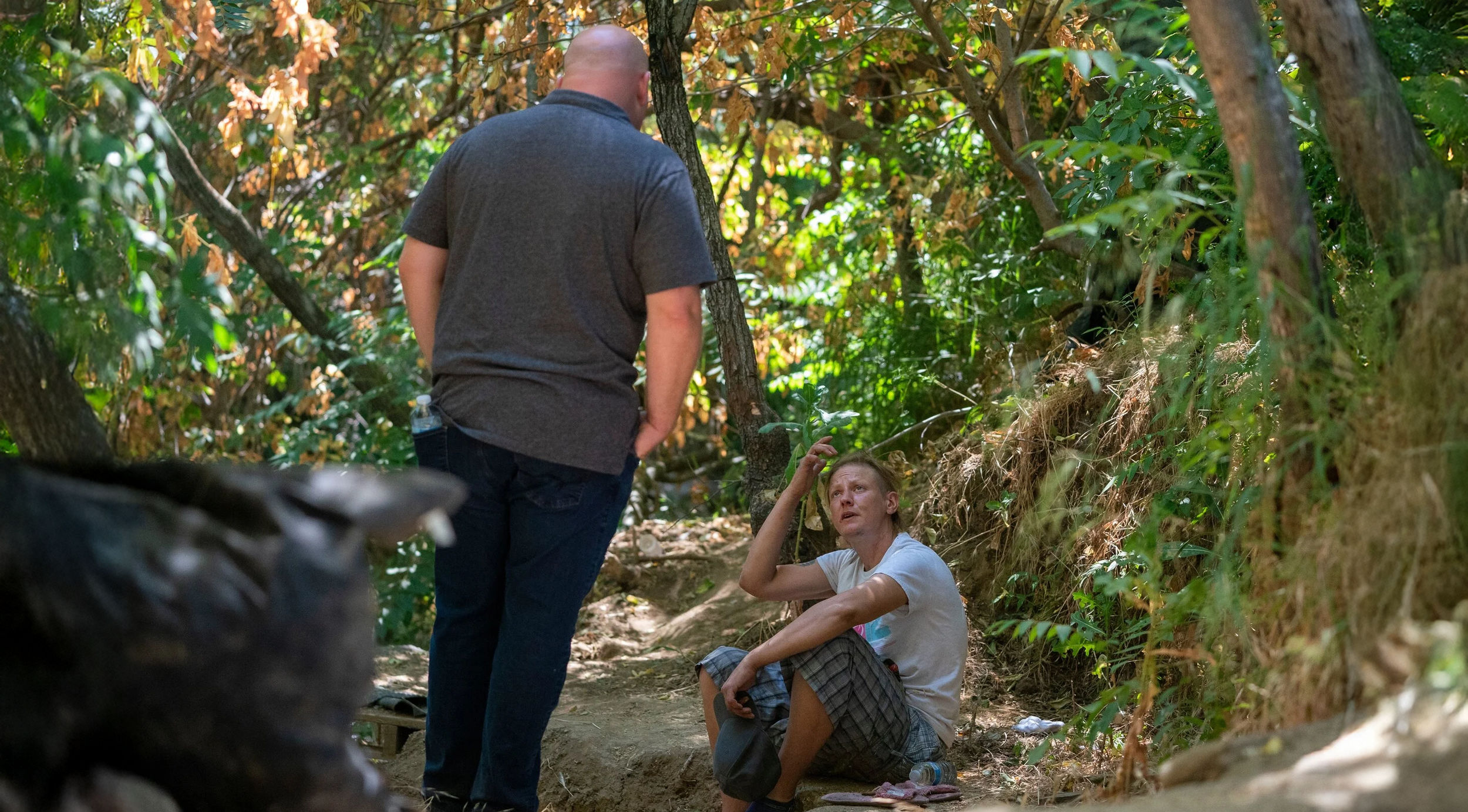 A man standing and a man sitting in a wooded outdoor area with dense green foliage. The woman appears distressed, with her hand near her forehead, while the man looks at her.