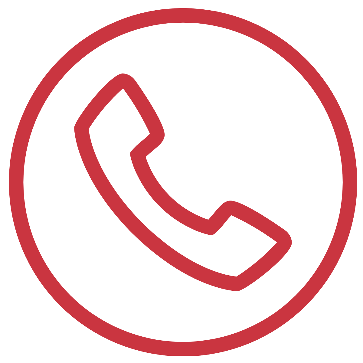 Red phone call icon inside a red circle.