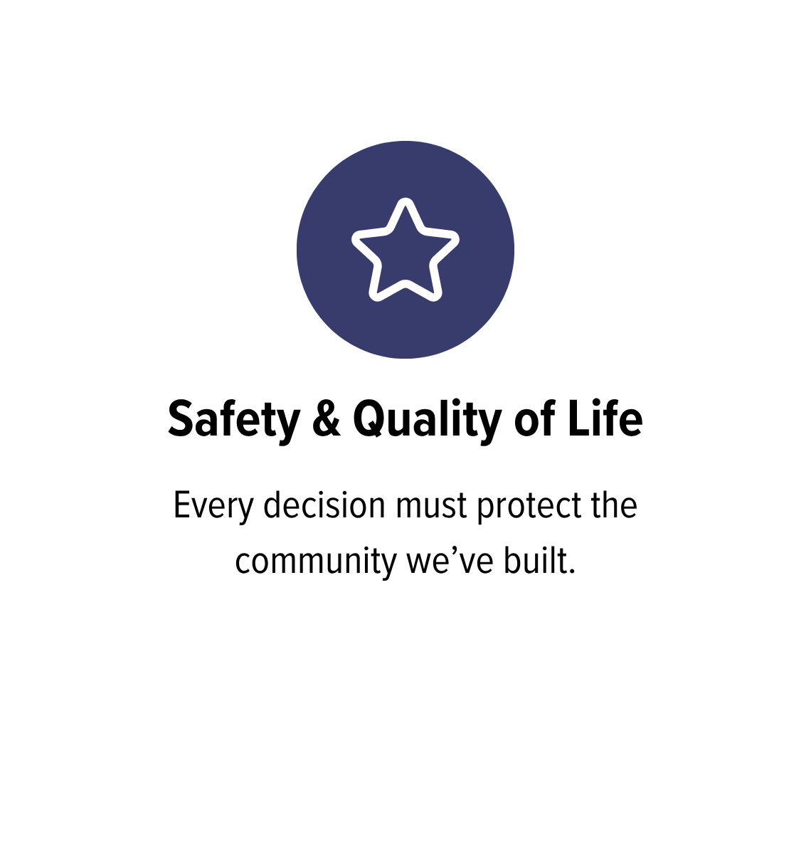 Icon of a starship inside a dark blue circle, with text 'Safety & Quality of Life' and 'Every decision must protect the community we've built.'