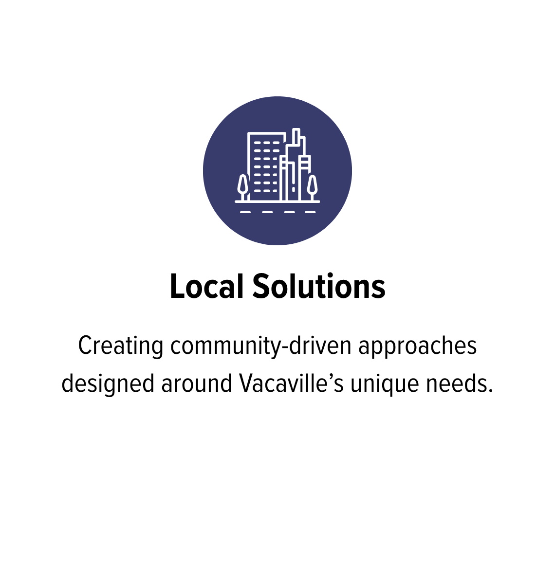 Icon of a city skyline with buildings and trees, labeled 'Local Solutions,' with text about creating community-driven approaches for Vacaville's needs.
