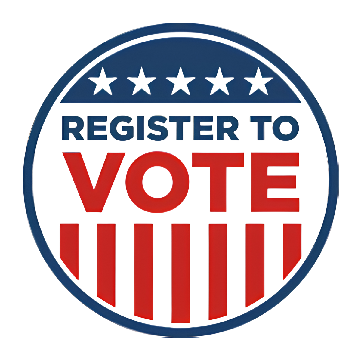Round badge with stars at the top and American flag stripes at the bottom, displaying the message 'Register to Vote' in bold letters.