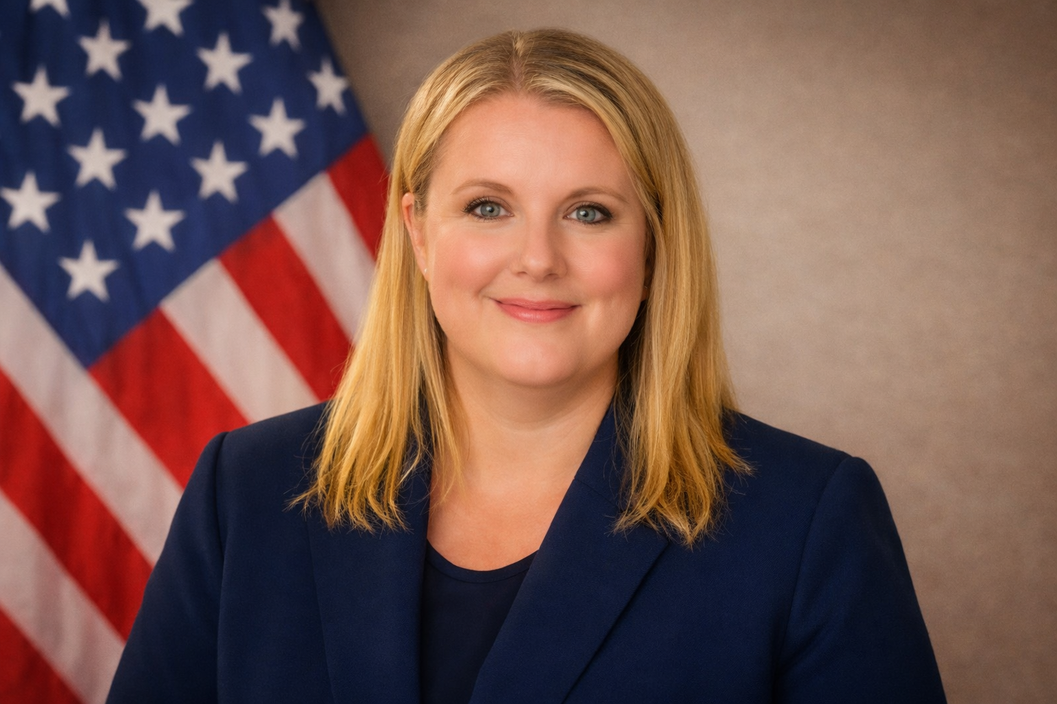 A woman with blonde hair and blue eyes wearing a navy blazer, standing in front of a blurred American flag background, smiling at the camera.
