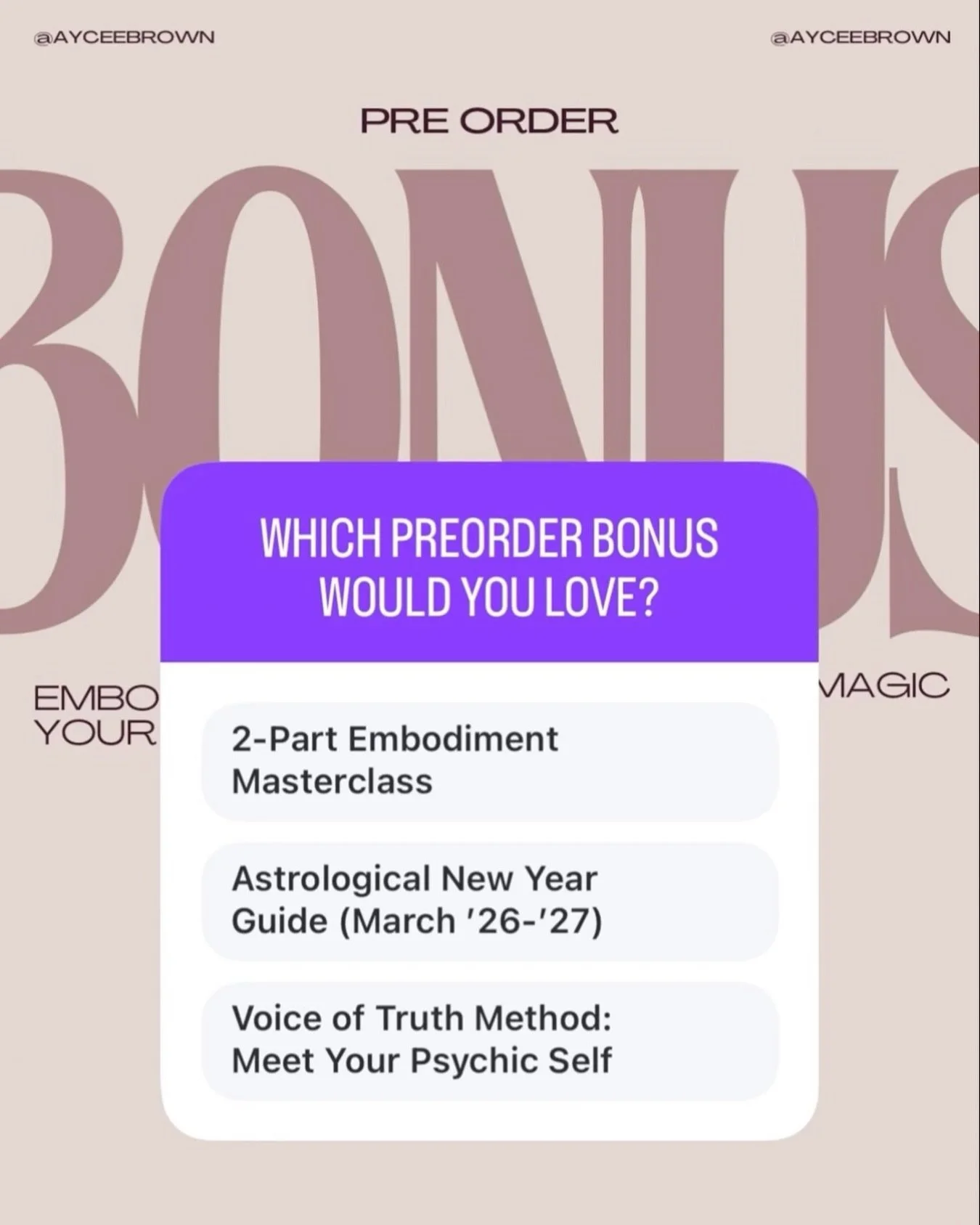 I&rsquo;m putting together the preorder bonuses for EMBODY YOUR MAGIC and I actually wanna know what you&rsquo;d be most excited about.

Tell me below 👇🏾 which one you&rsquo;d like.

PS. You might get all 3. You never know. 😏 #astrology #humandesi