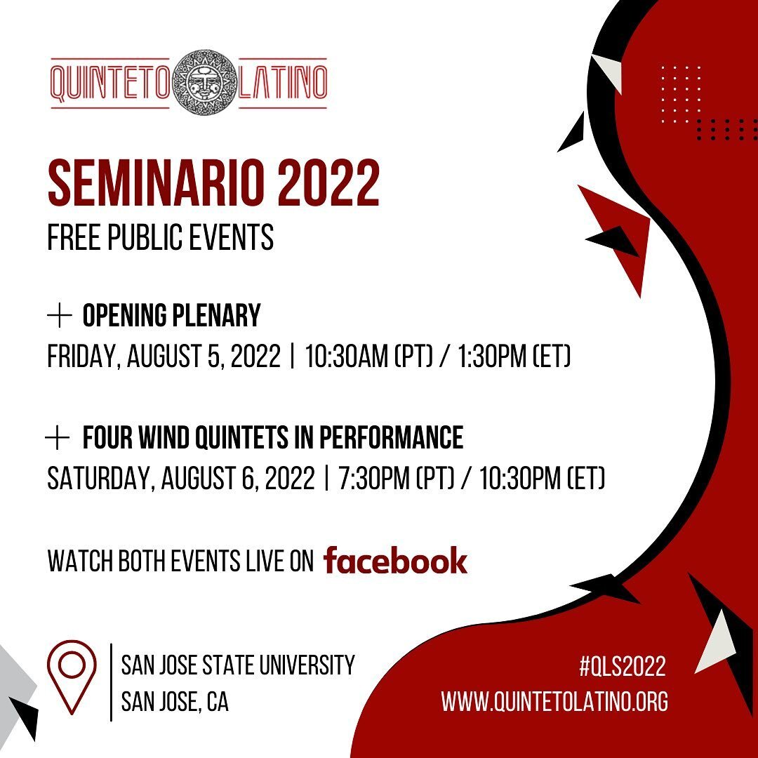 Come check out the @quintetolatino #seminario concert tonight! 

Four Wind Quintets in Performance
Saturday, August 6, 2022 | 7:30PM (PT) / 10:30PM (ET)
Featuring the QLS 2022 cohort and Quinteto Latino ensemble members. 
Location
All Seminario 2022 