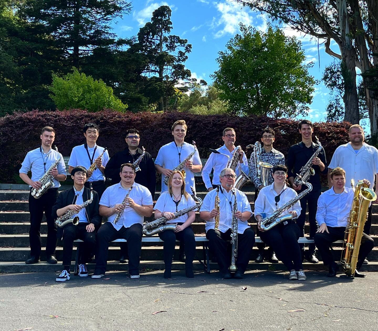 A nice day for a concert! San Jose Sax Choir with special guest Dr. Paul Cohen from the Manhattan School of Music  @paulcohen.saxo - performing at the Golden Gate Park Band Festival! The first time a saxophone ensemble has been invited to play since 