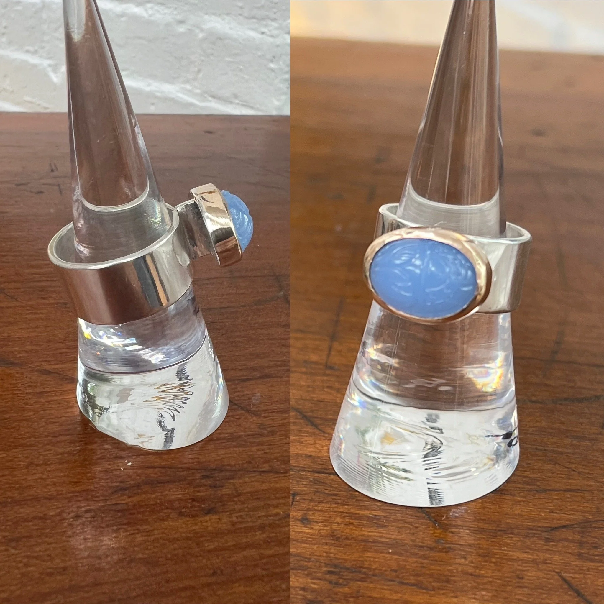 Scarab set in 14k gold filled floating bezel on sterling band. 7.5