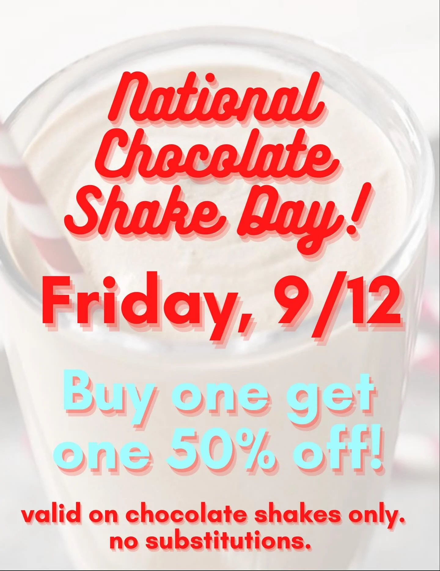 National Chocolate Milkshake Day?? Count us in! Bring a friend today for BOGO 1/2 off! 🍫🥤