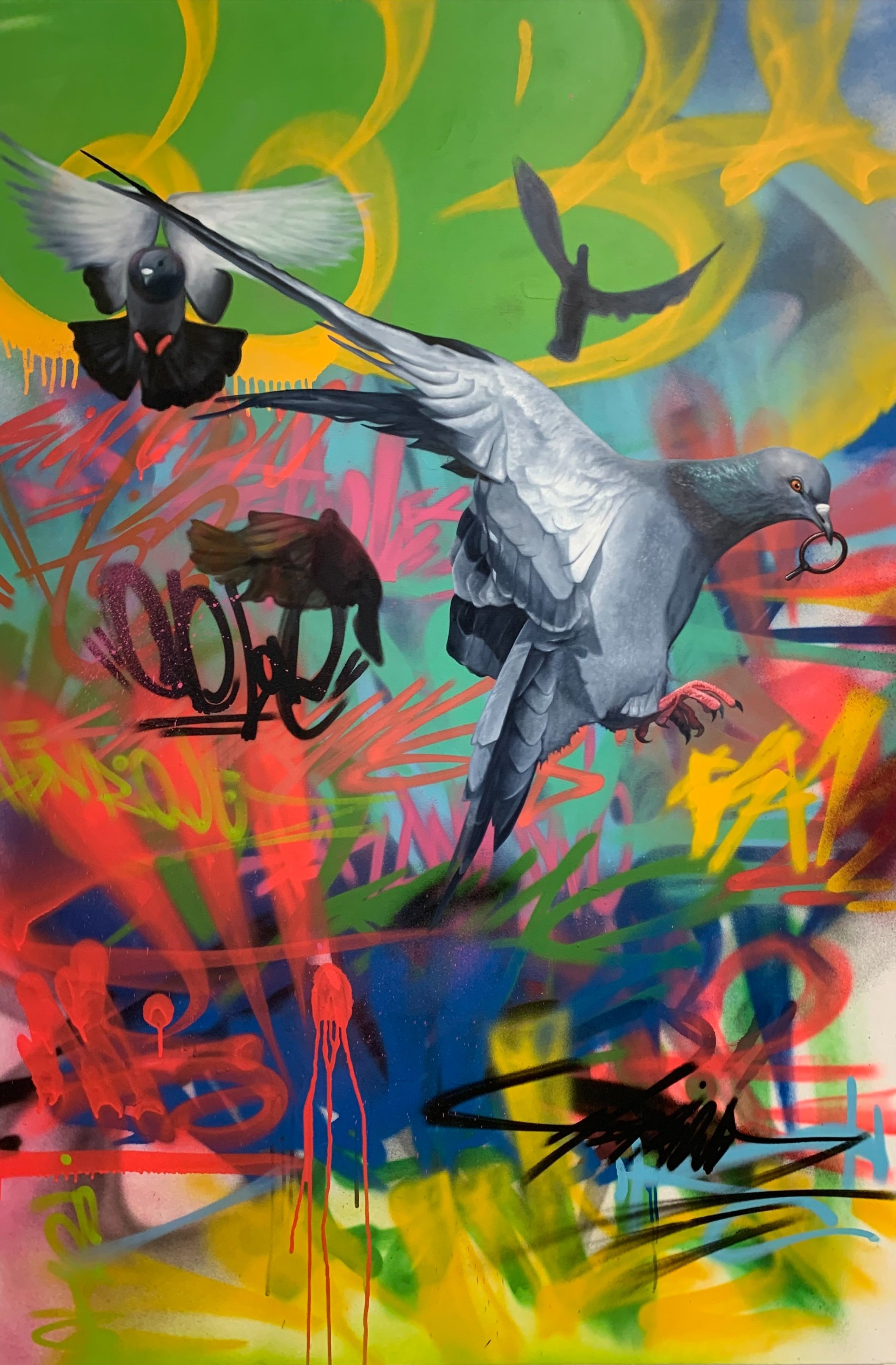 “Rebel with grenade pin” 2021 
48” x 60” oil and aerosol  on canvas