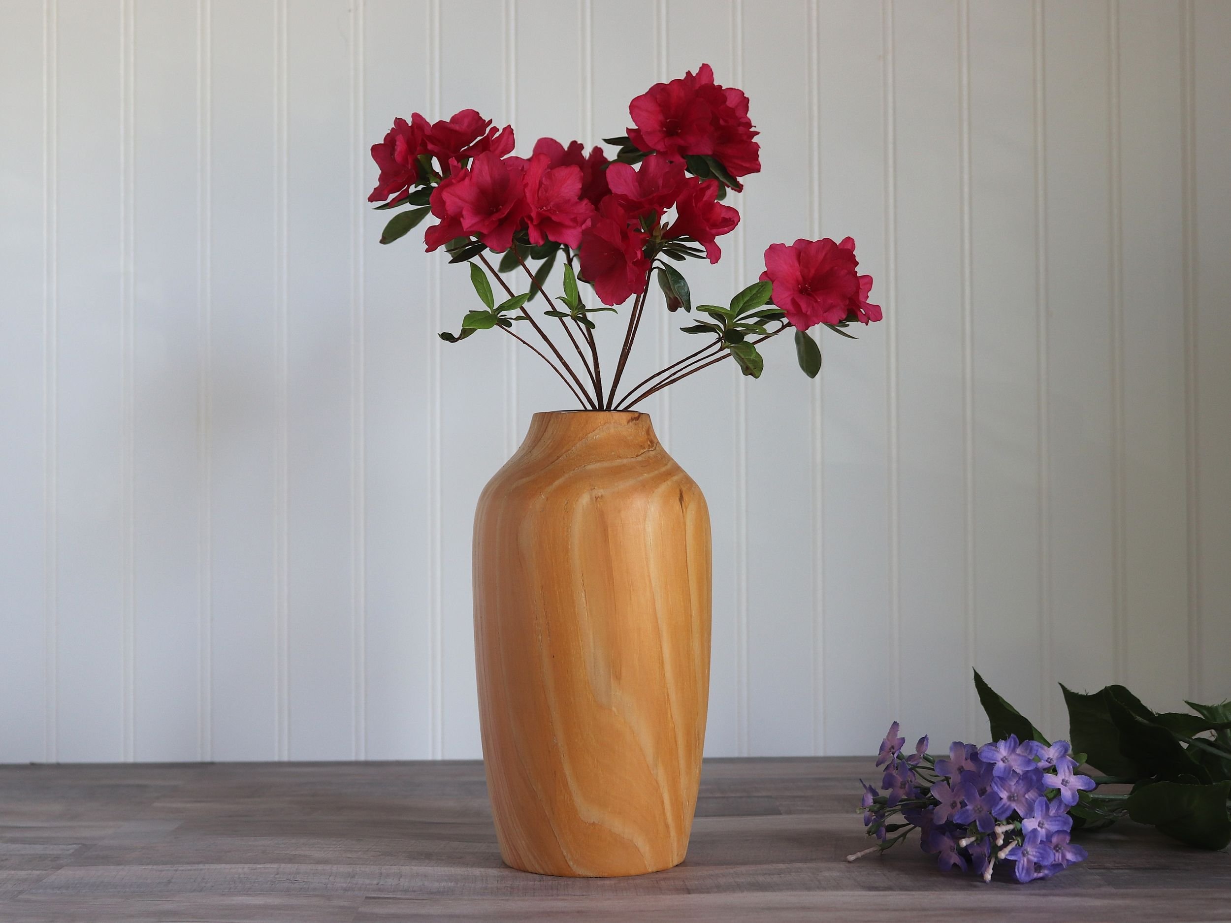 Artisan Reclaimed Wood Flower Vase with Glass Insert - Handcrafted Urn Style Wooden Vessel