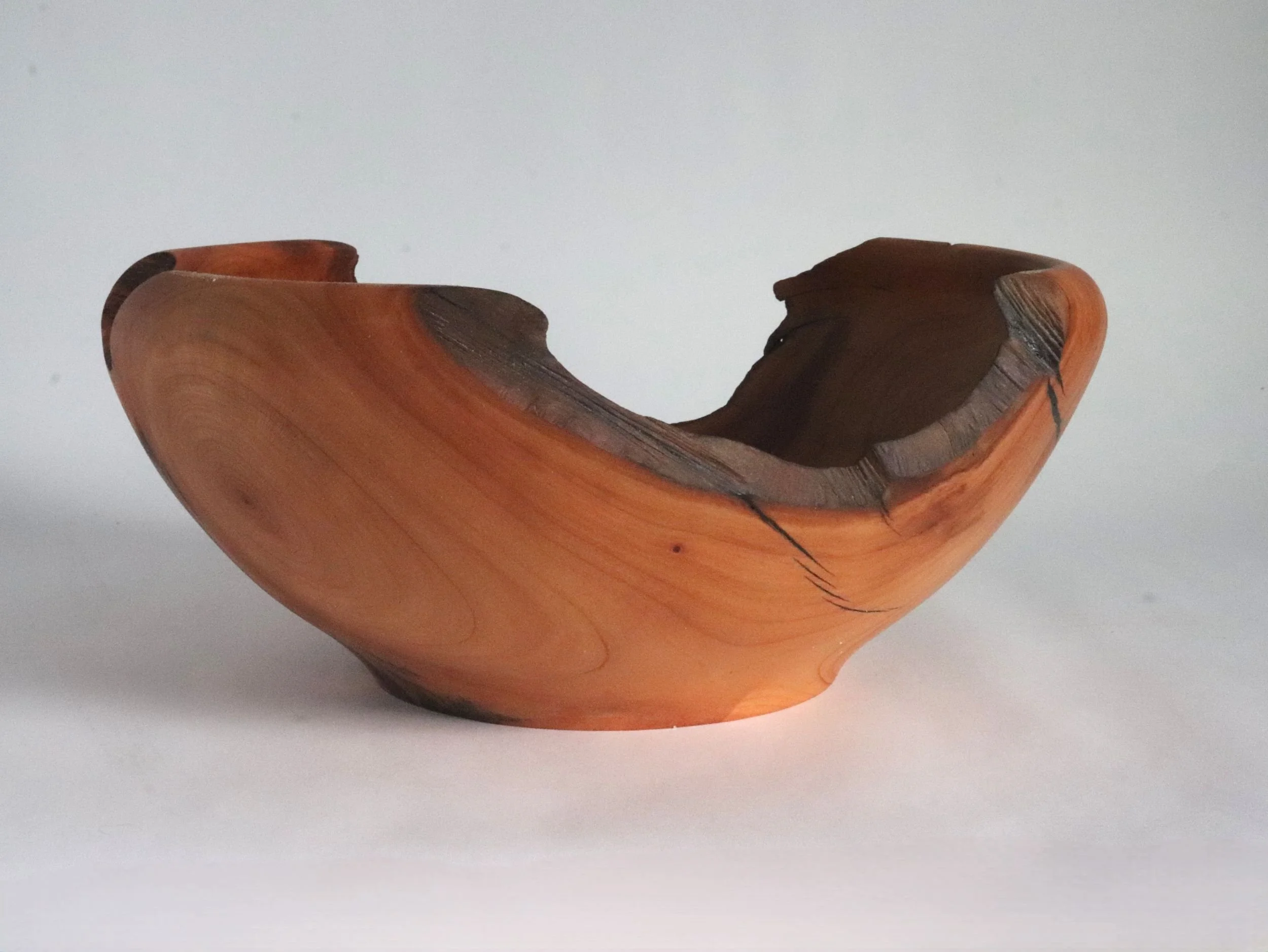 Reclaimed cherry wood bowl showcasing unique rim variation between smooth turned sections and natural tree line cutouts, rich warm tones visible