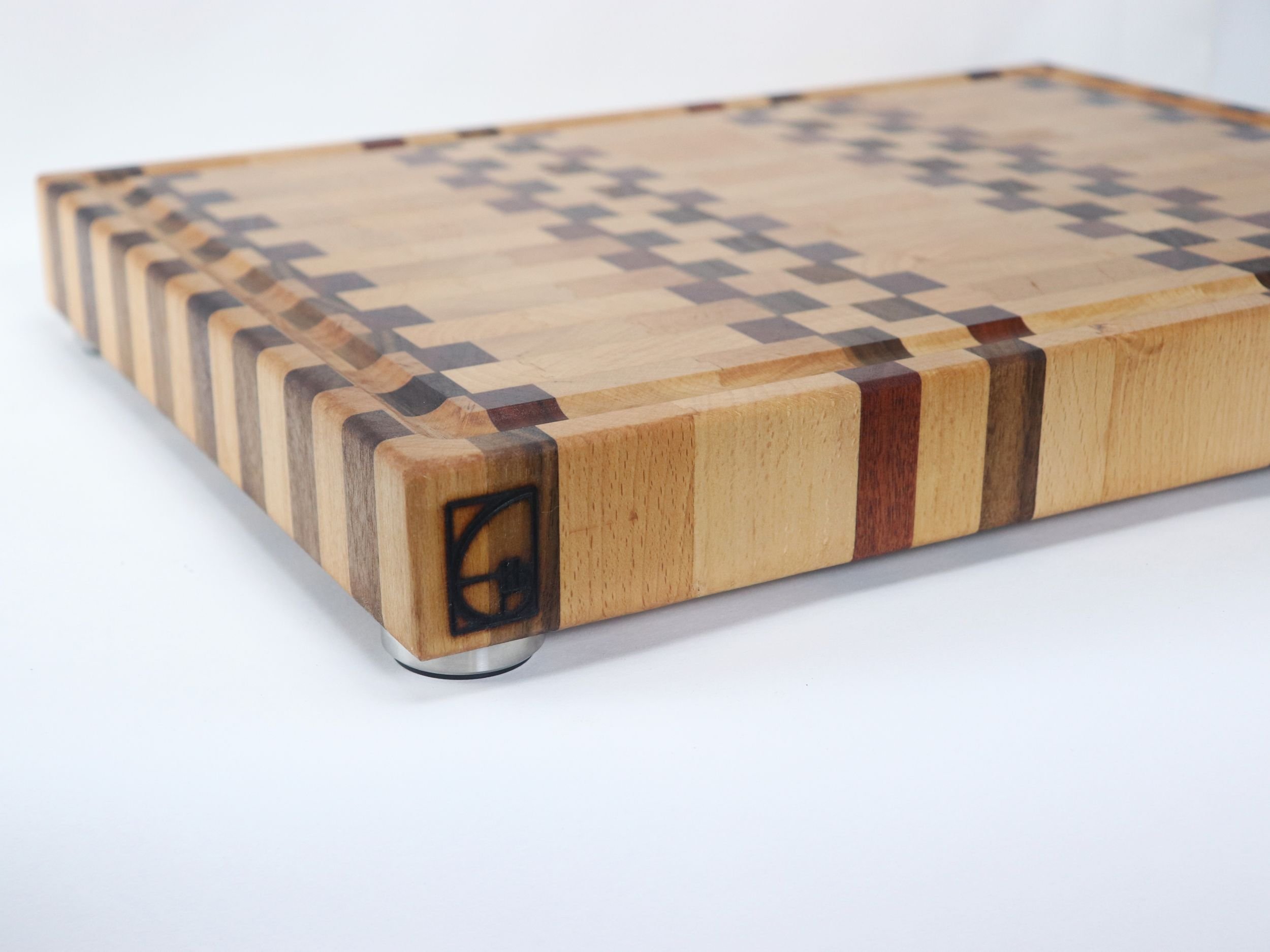 Handcrafted End Grain Cutting Board - 16.75" × 13.25" Reclaimed Hardwood with Juice Groove & Non-Slip Feet