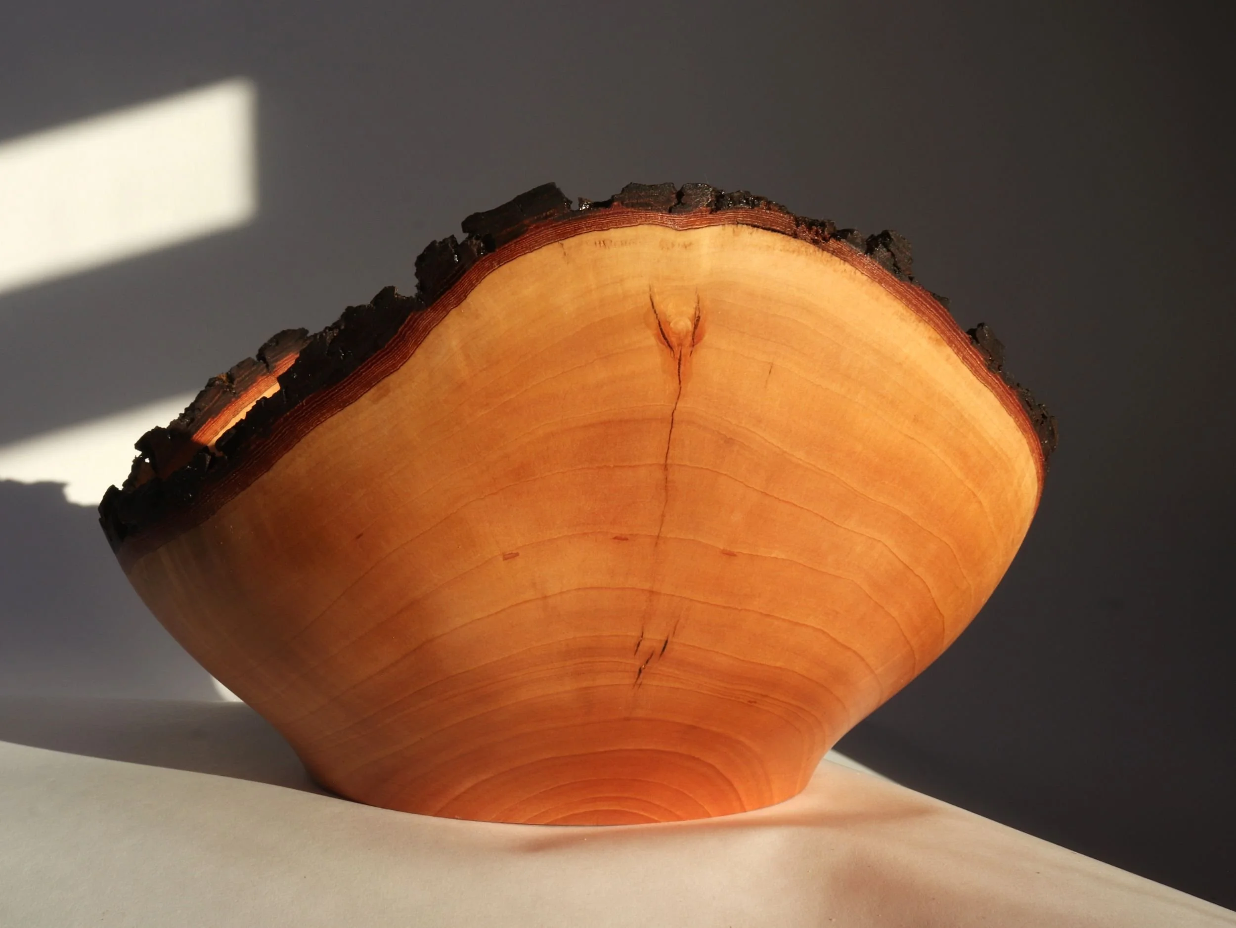 Handmade live edge cherry serving bowl showing tallest side with natural dark bark and smooth finished wood
