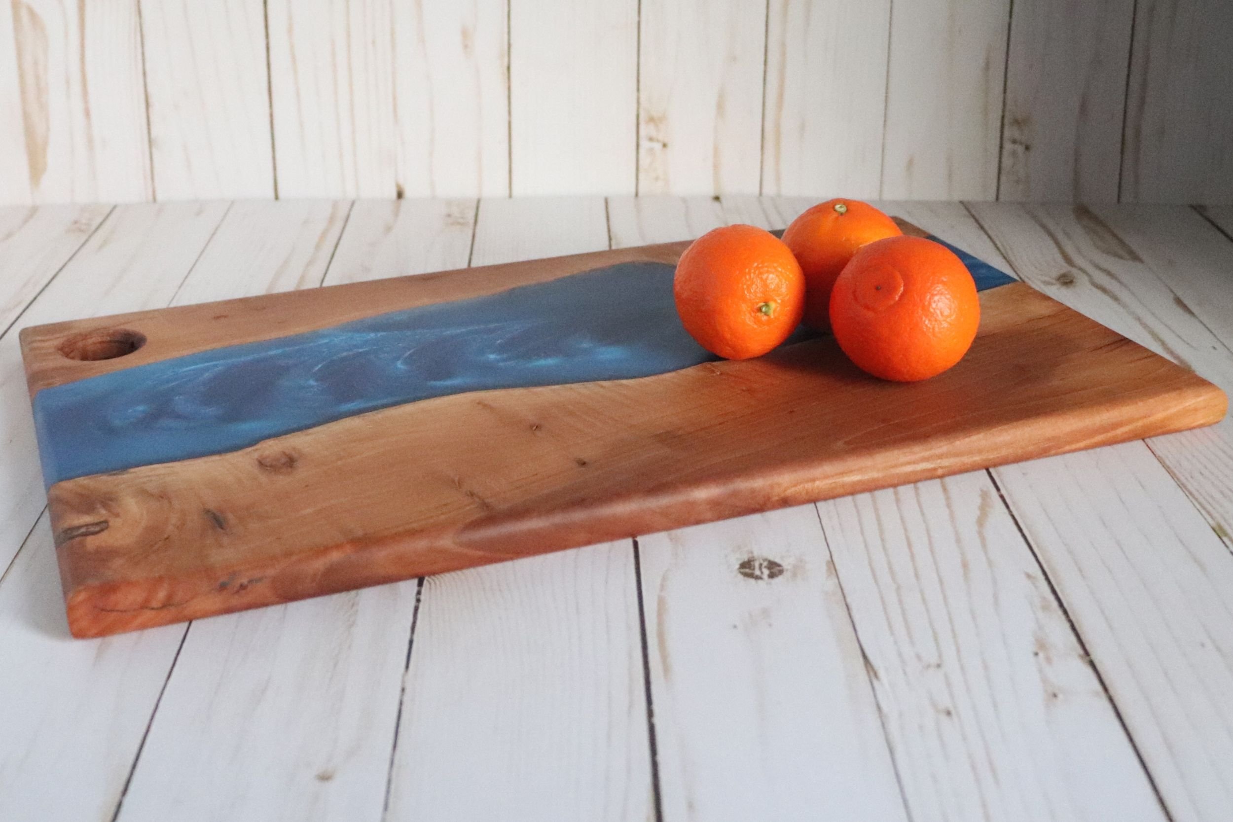 blue resin and reclaimed cherry wood charcuterie tray